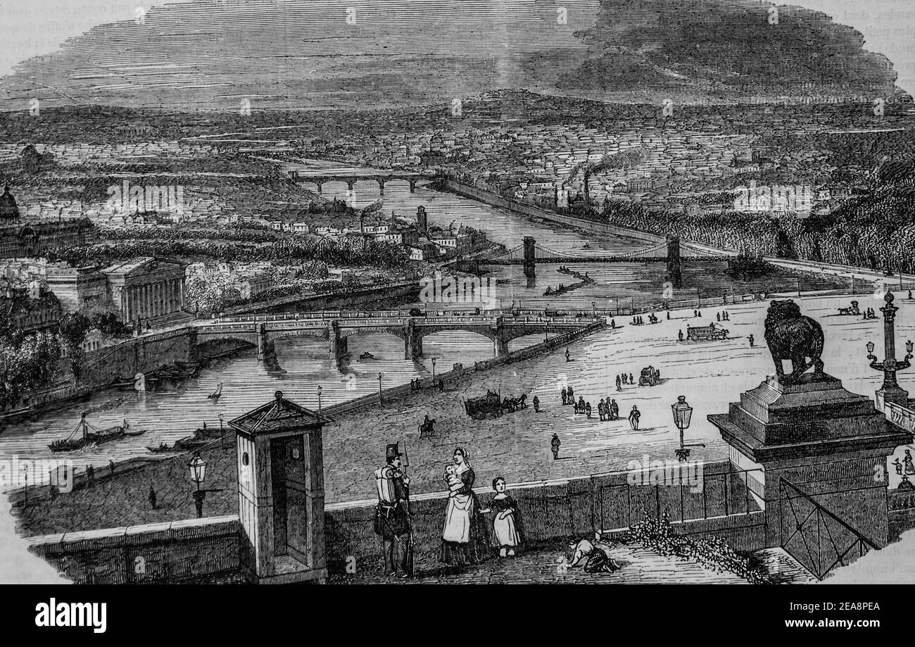 vue pry de la terrasse du bord de l'eau, tableau de paris par edmond texier,editeur paulin et le chevalier 1852 Foto de stock