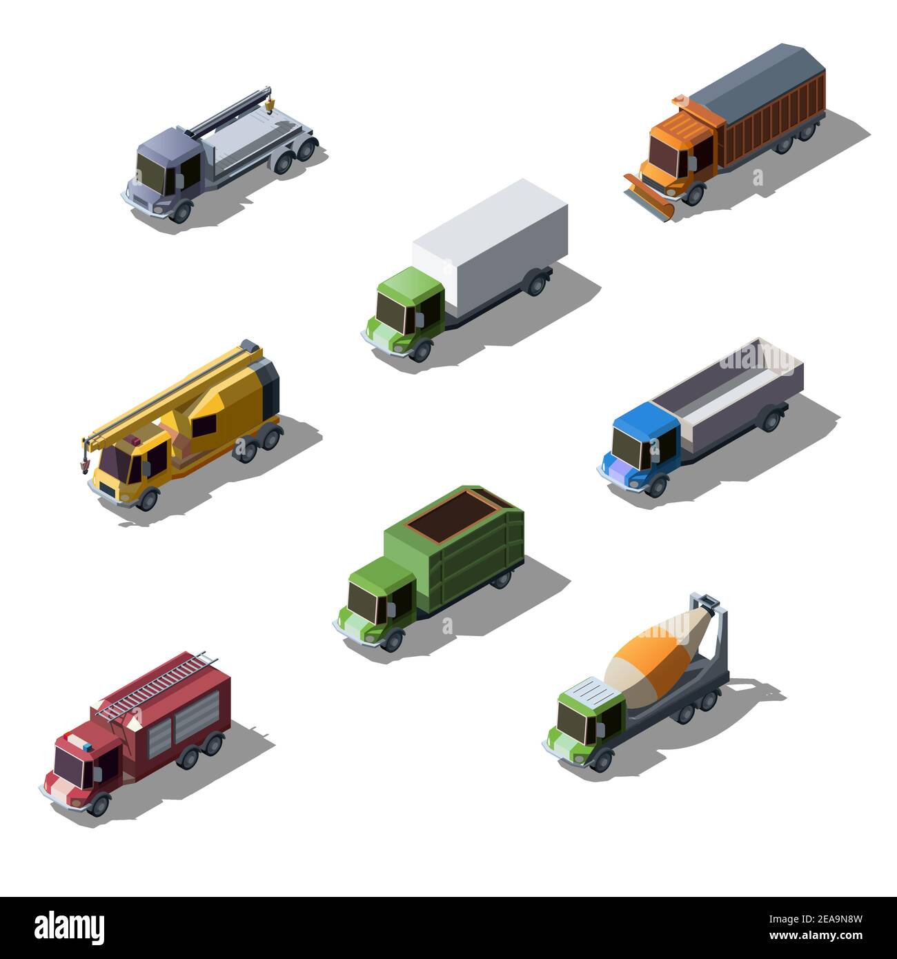 Vector conjunto de vehículos colección isométrica de transporte colorido. Camiones comerciales, de construcción y de servicio aislados sobre fondo blanco. Ilustración del Vector