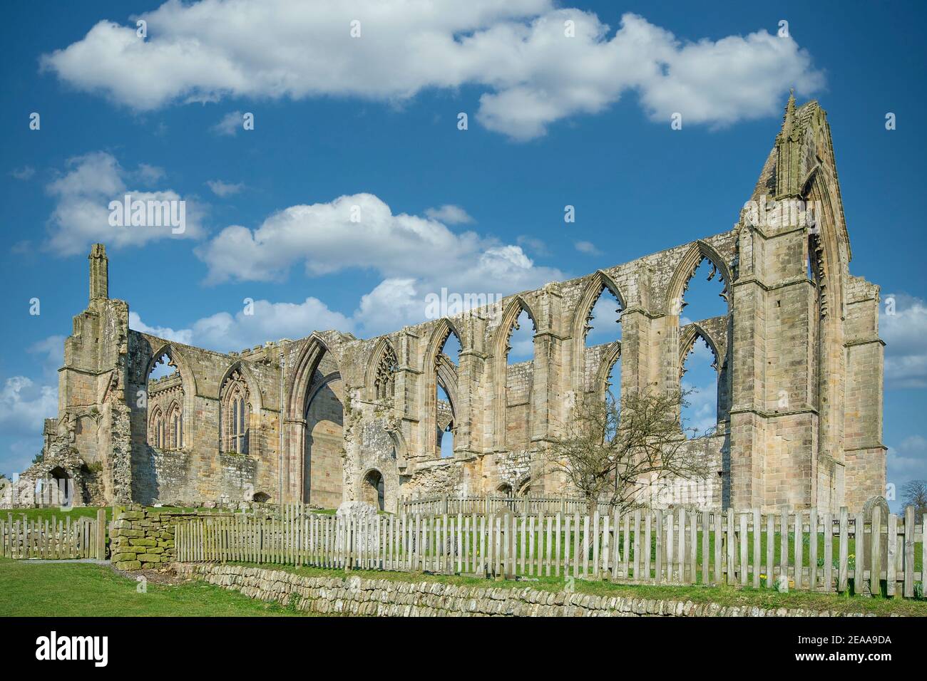 Las ruinas de Bolton Abbey en Yorkshire fotografiadas contra un cielo azul Foto de stock