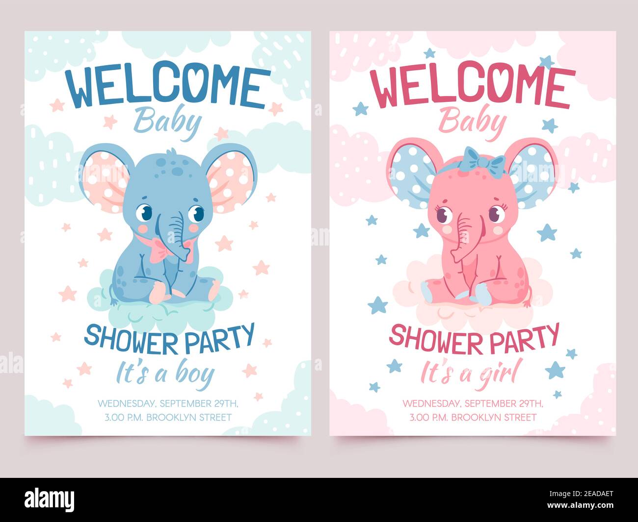 Bebé ducha elefante. Tarjeta de invitación para la fiesta de niño y niña recién  nacido con elefantes en la nube. Banner de bienvenida para niños con un  bonito juego de vectores de