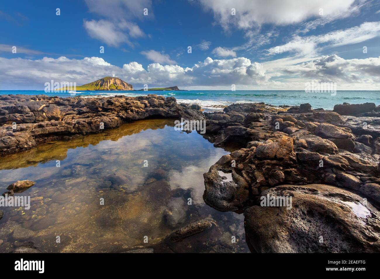 Olas rompiendo en rocas cerca de la playa Macapuu, Oahu, Hawai Foto de stock