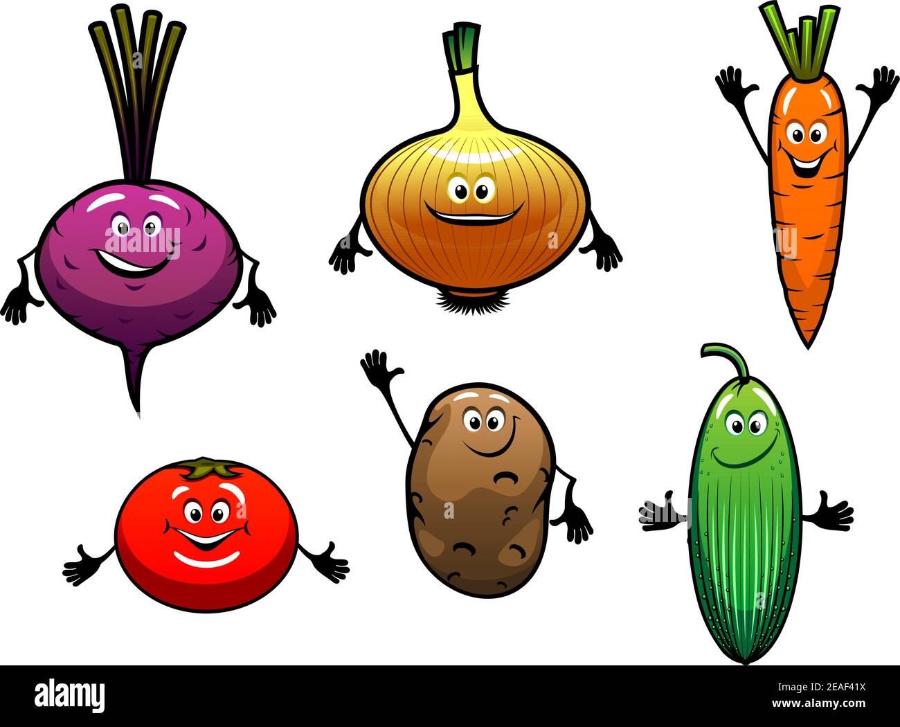 Remolacha, cebolla, zanahoria, tomate, papa y pepino verduras en estilo de dibujos animados Imagen Vector de stock - Alamy Remolacha, cebolla, zanahoria, tomate, papa y pepino verduras en estilo de dibujos animados Imagen Vector de stock - Alamy