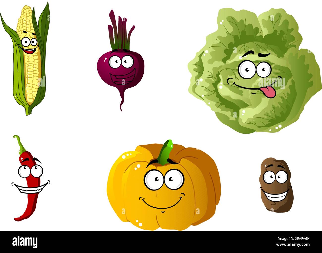 Maíz, pimienta, calabaza, col y papa verduras en estilo de dibujos animados  aislados sobre blanco Imagen Vector de stock - Alamy