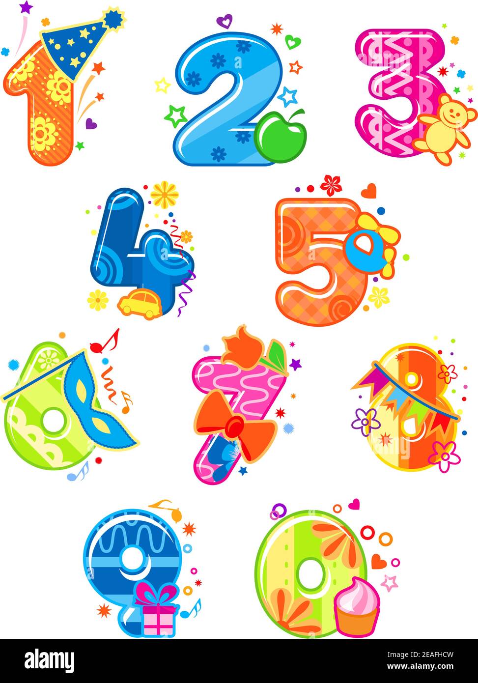 Dibujos animados dígitos y números con juguetes para el diseño de  matemáticas infantiles Imagen Vector de stock - Alamy