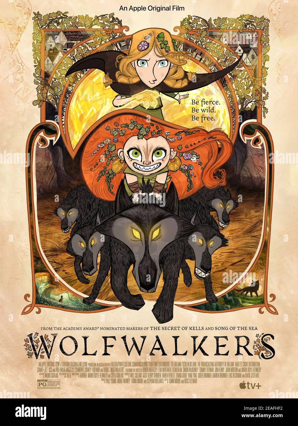 Wolfwalkers (2020) dirigida por Tomm Moore y Ross Stewart y protagonizada por honor Kneafsey, Eva Whittaker y sean Bean. Un cazador y su padre viajan a Irlanda para acabar con el último paquete de lobos. Foto de stock