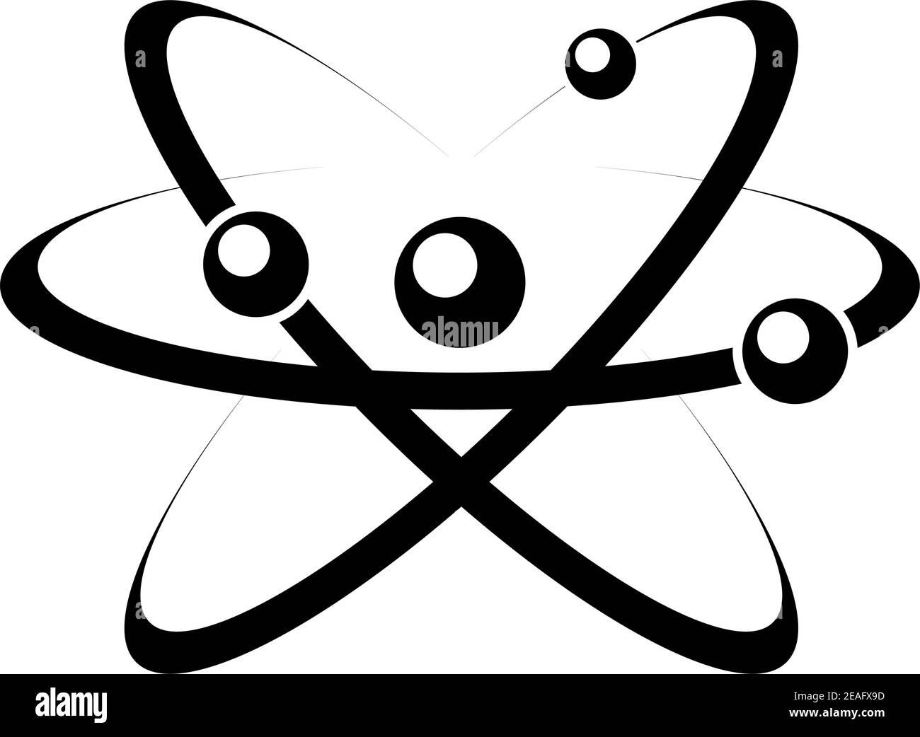 Ilustración en blanco y negro de un átomo con núcleo, protón, neutrón y electrón, aislado sobre fondo blanco Ilustración del Vector