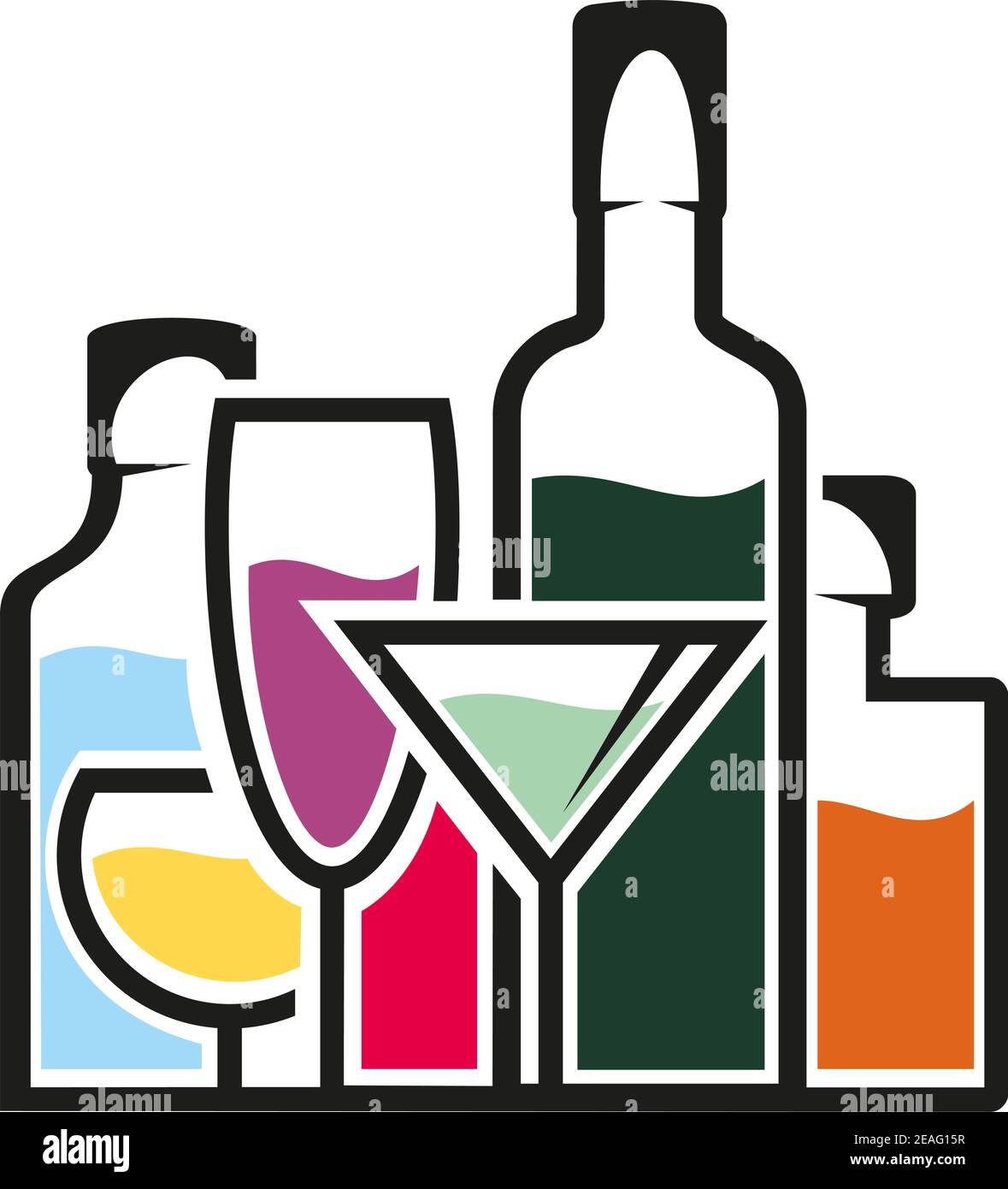 Botellas de alcohol con coloridos cócteles tropicales en elegantes vasos,  ilustración de dibujos animados vectoriales Imagen Vector de stock - Alamy