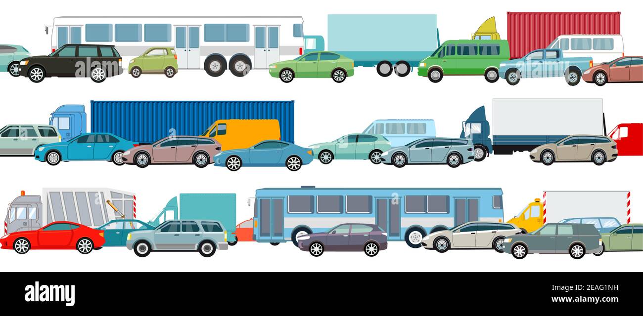 Hora punta, coches en atasco de tráfico, ilustración vectorial Ilustración del Vector