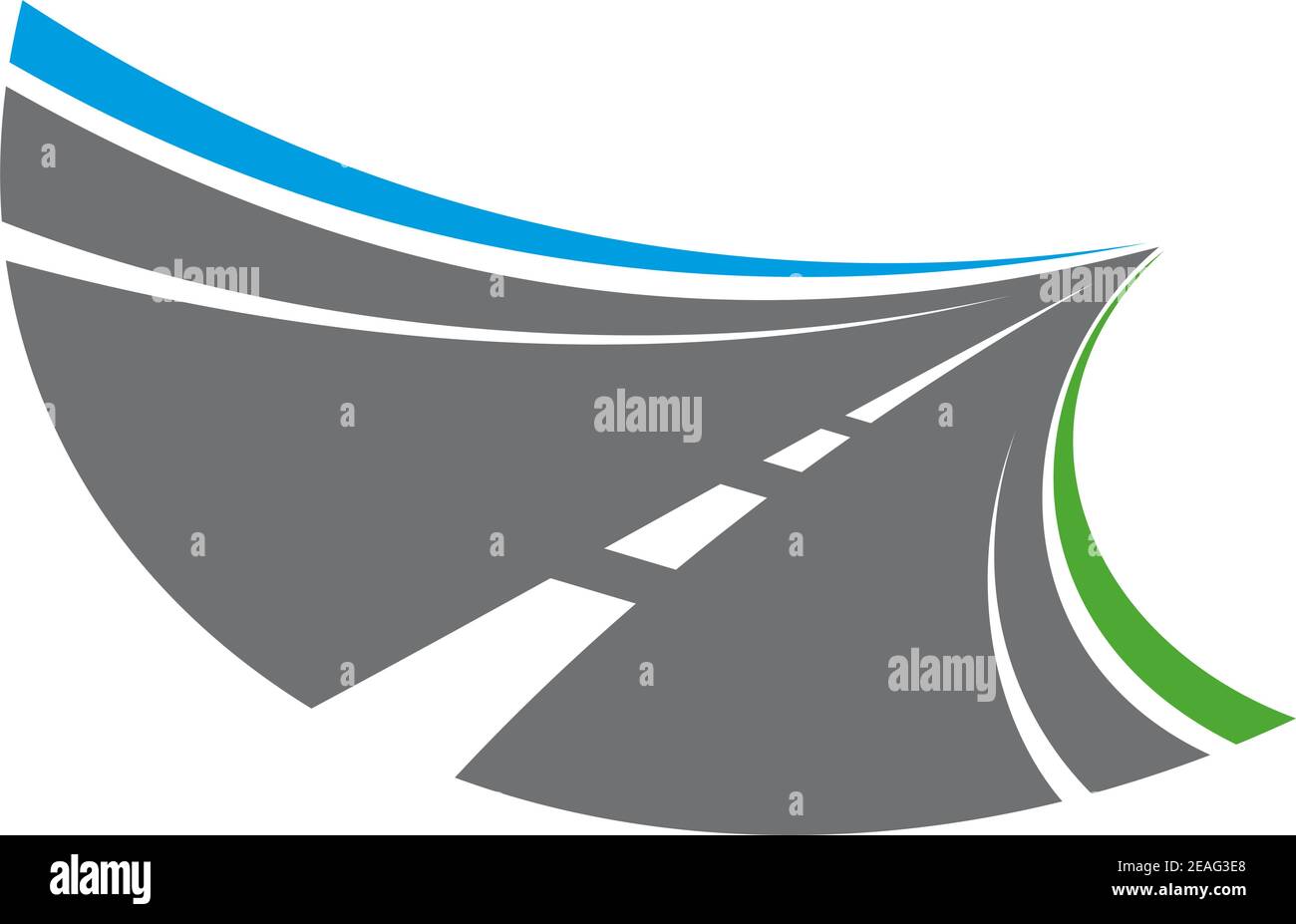 Camino estelizado con marcas en el centro bordeado por un delgado cielo azul y hierba verde que retrocede en la distancia hasta el punto de fuga, vector illustrati Ilustración del Vector