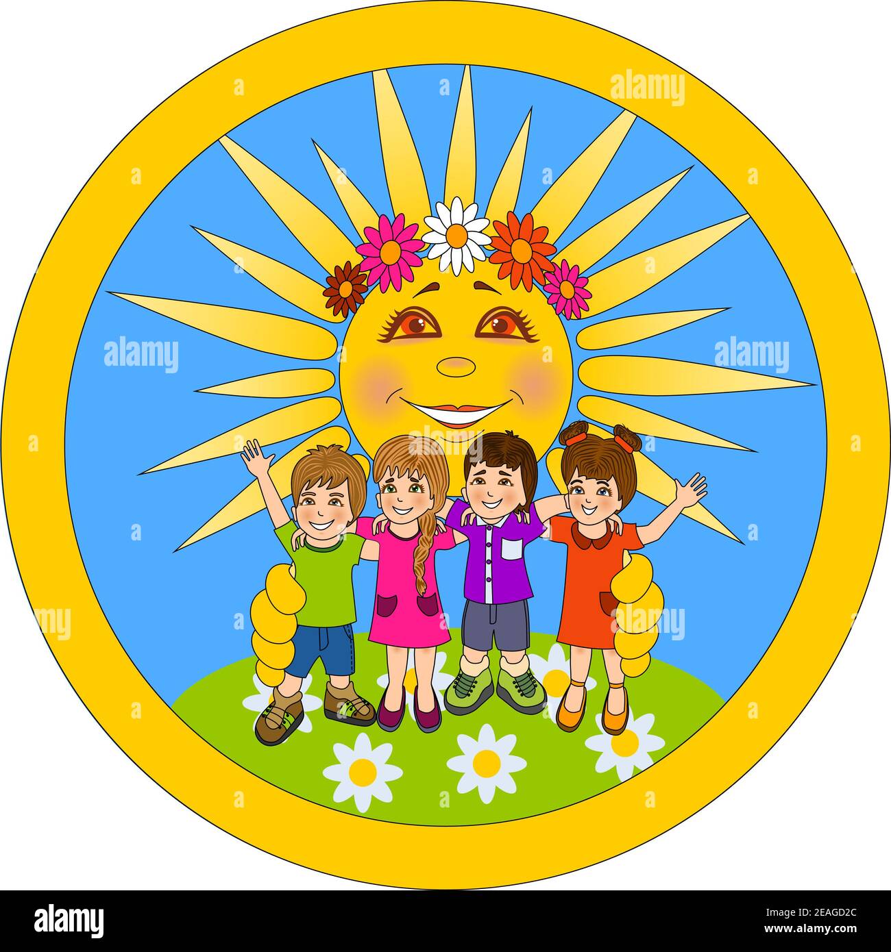 Bonita ilustración de dibujos animados de colores de niños felices y el sol  que los abraza. Feliz día de la Amistad, Feliz día de los niños, póster de  fondo Fotografía de stock -