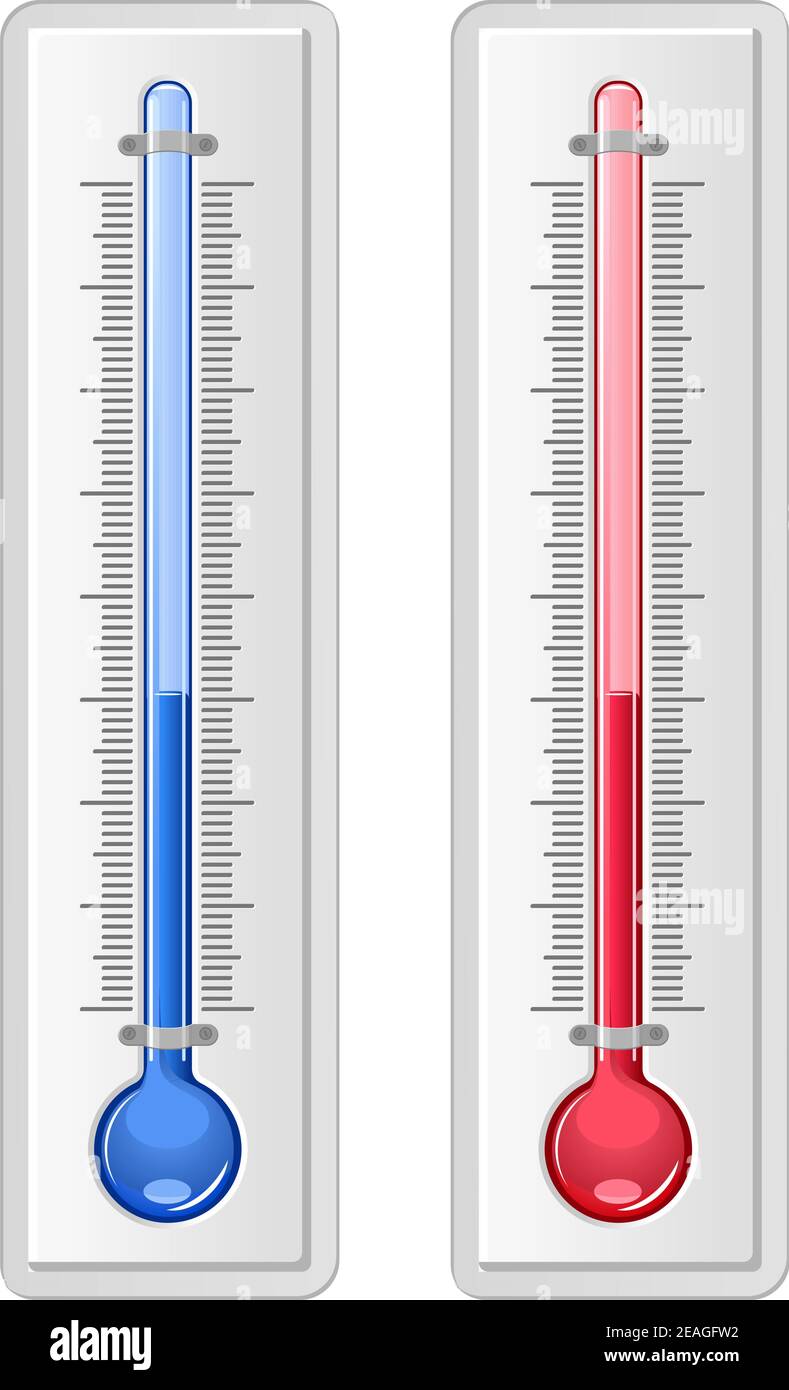 Dos termómetros, uno rojo caliente y uno azul frío, ambos mostrando el  mismo nivel de mercurio para medir las temperaturas de verano e invierno,  el isol Imagen Vector de stock - Alamy