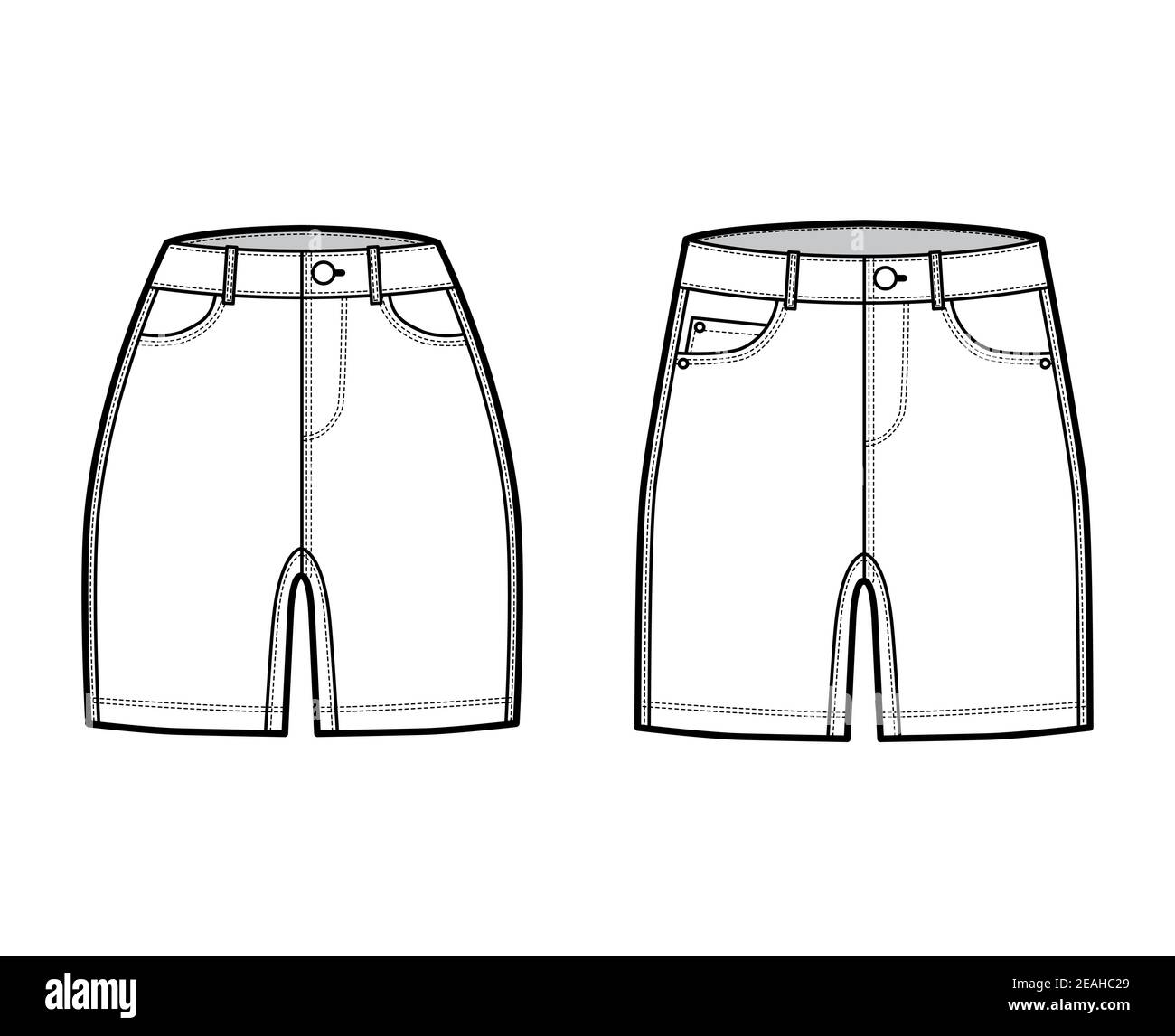 Conjunto de pantalones cortos denim ilustración técnica de moda con longitud media muslo, cintura baja normal, talle bajo 5 bolsillos. Plantilla fondo plano frontal, estilo de color blanco. hombres