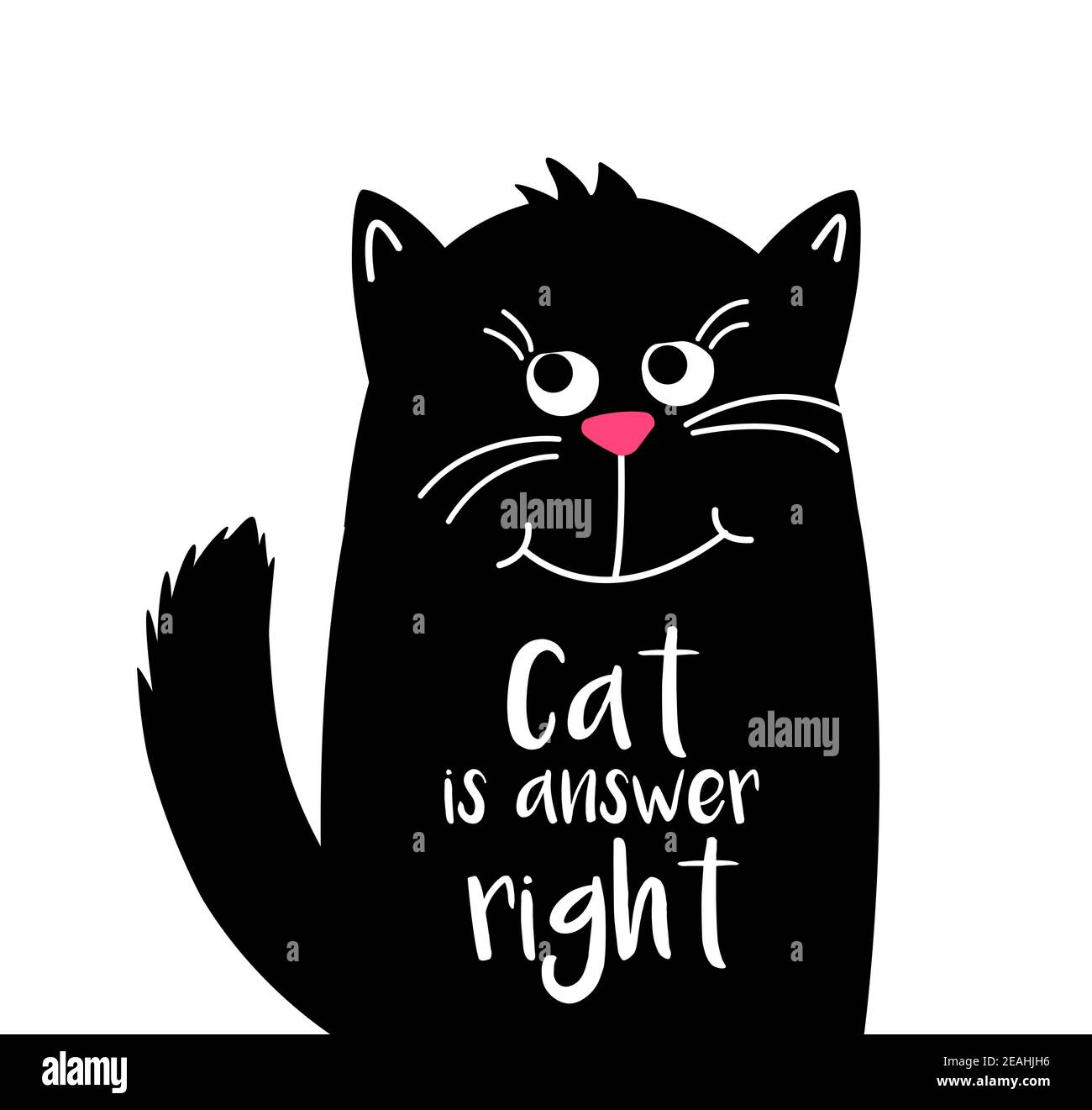 Lindo gato con texto. Cat es la respuesta correcta. Kawaii gato negro.  Dibujo de dibujos animados vectoriales en plano. Para imprimir en tazas,  camisetas o tarjetas de felicitación Imagen Vector de stock -