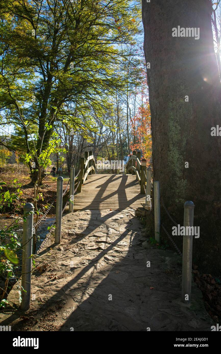 Un puente de madera en un claro día de otoño con el Sol brillante Foto de stock