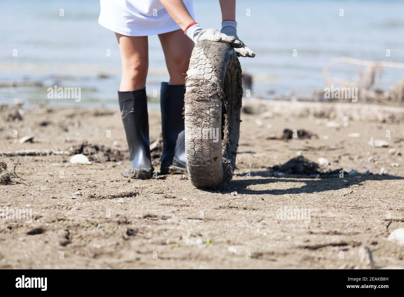 Activista ambiental está recogiendo neumáticos viejos en el río o en el lago banco Foto de stock