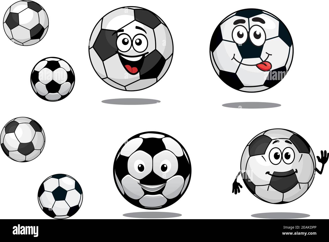 Fútbol de dibujos animados o pelotas de fútbol con graciosas sonrisas y..  sombras para el diseño deportivo Imagen Vector de stock - Alamy