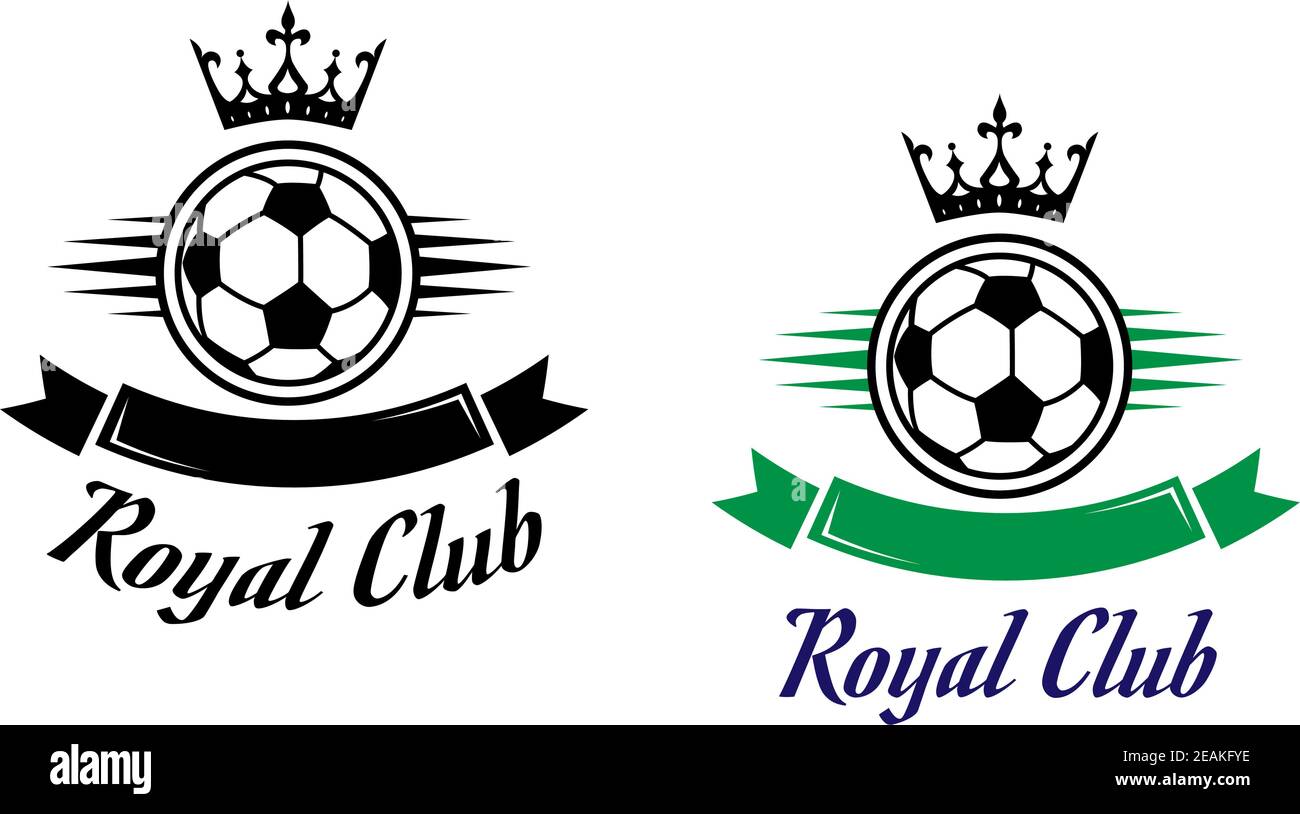 Símbolo de fútbol real o club de fútbol con pelota, corona y cintas