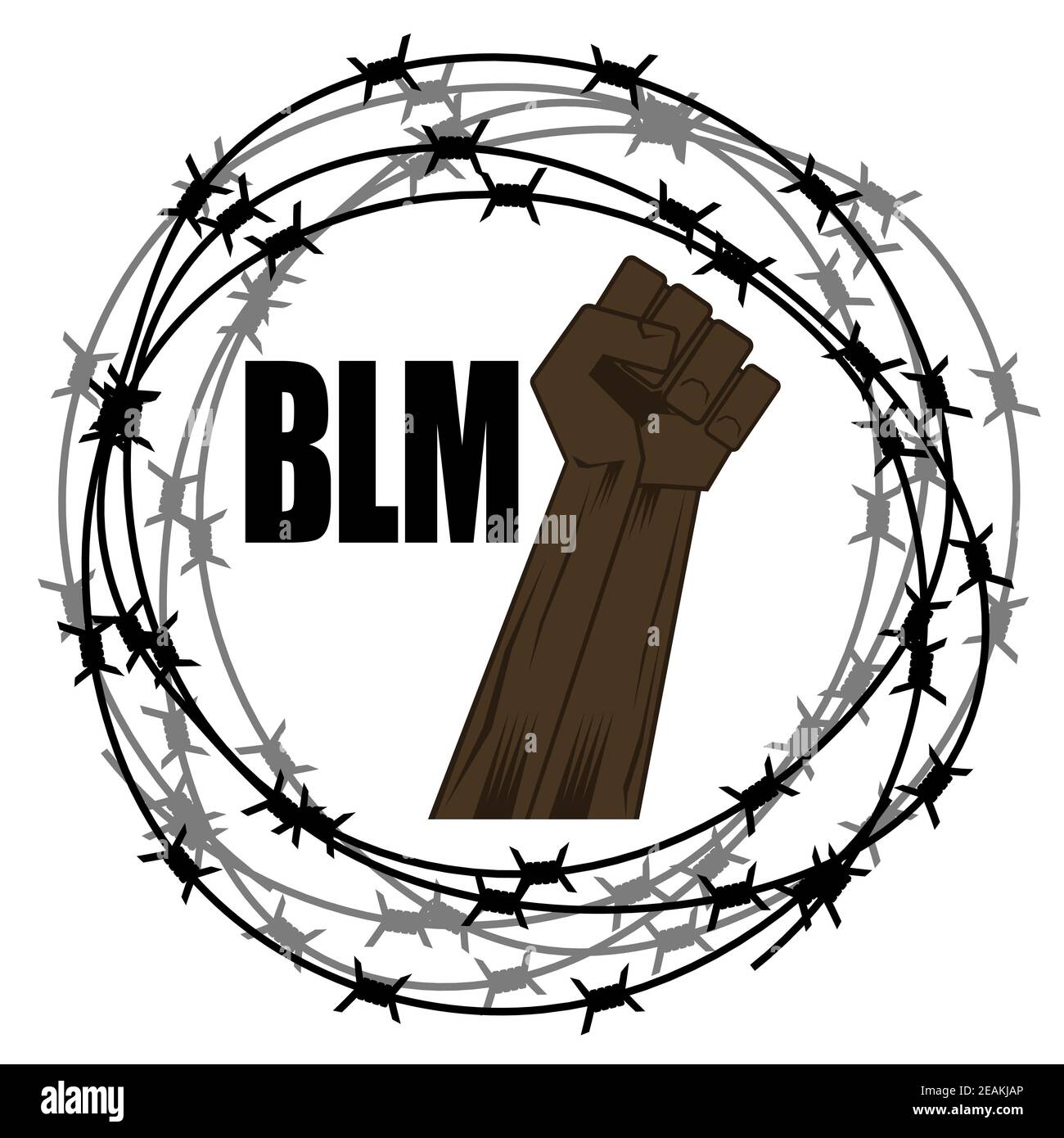 Black Lives Matter Banner con Barbed Wire para protesta aislada sobre fondo blanco. Puño levantado Foto de stock