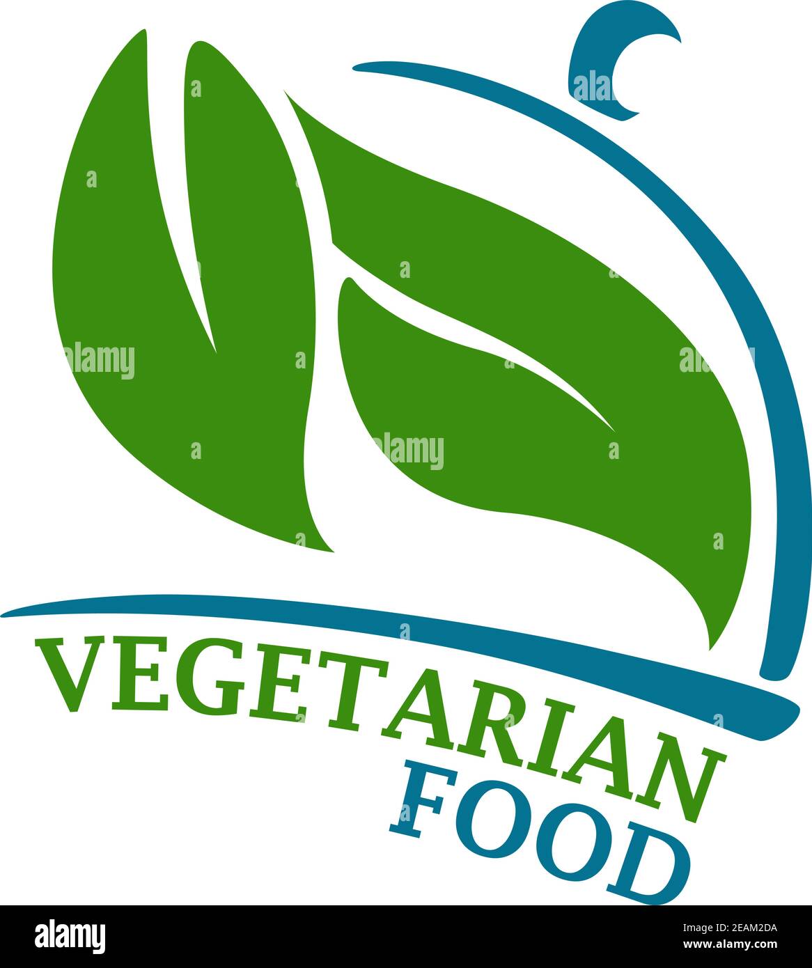 Cloche de color azul que representa el símbolo del restaurante con hojas de color  verde Y el texto 'Vegetarian Food' en la parte inferior aislado sobre  blanco fondo su Imagen Vector de