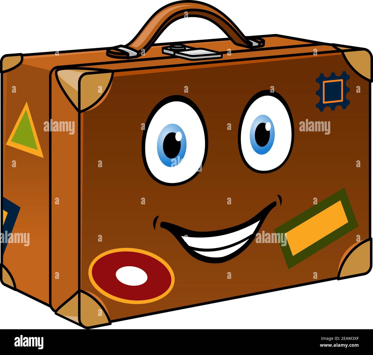 Feliz maleta de dibujos animados retro bien viajado con una cara sonriente  y etiquetas de viaje aisladas en blanco para el turismo o viaje diseño  Imagen Vector de stock - Alamy