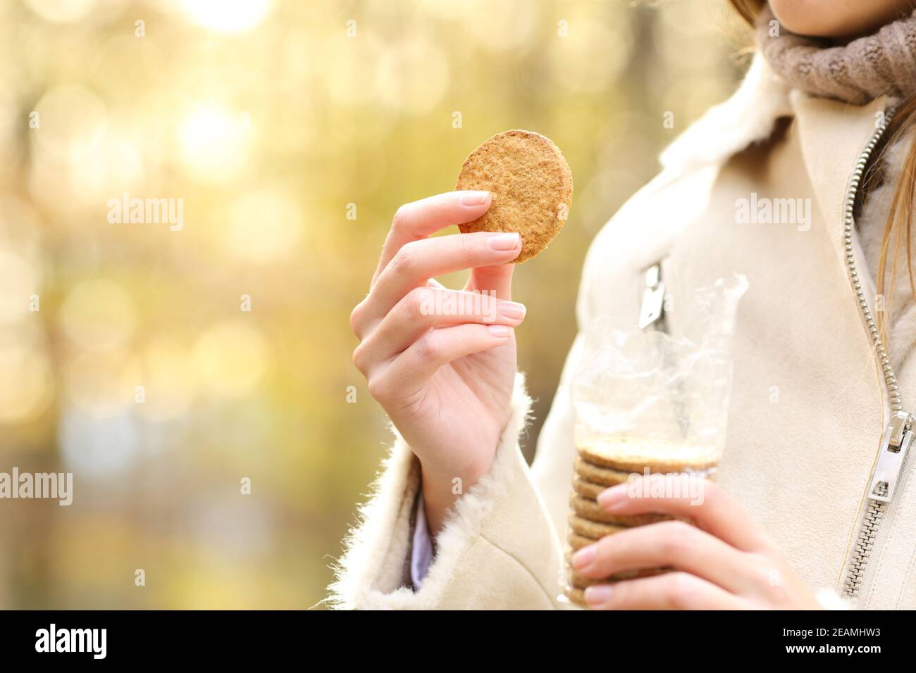 Mujer mano sosteniendo una galleta lista para comer en otoño Foto de stock