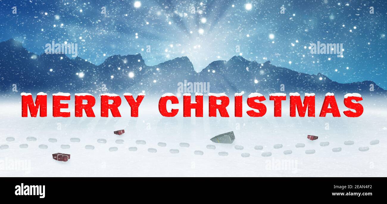 tarjeta de felicitación navideña con regalos en un paisaje invernal Foto de stock