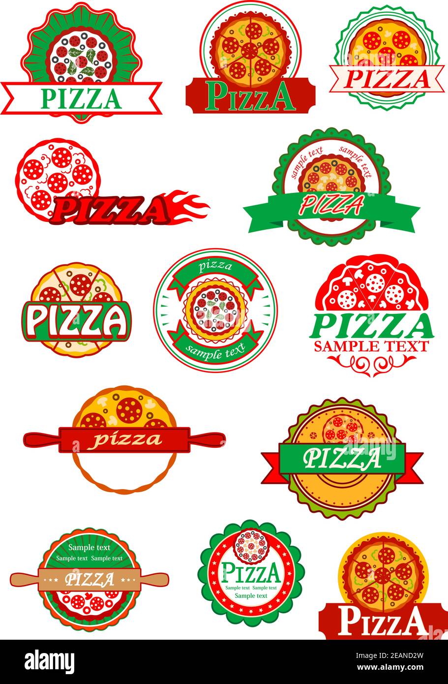 Etiquetas de pizza italiana fresca, pancartas y emblemas con pizza, queso,  champiñones y salami para el logotipo de comida rápida, café y restaurante  Imagen Vector de stock - Alamy