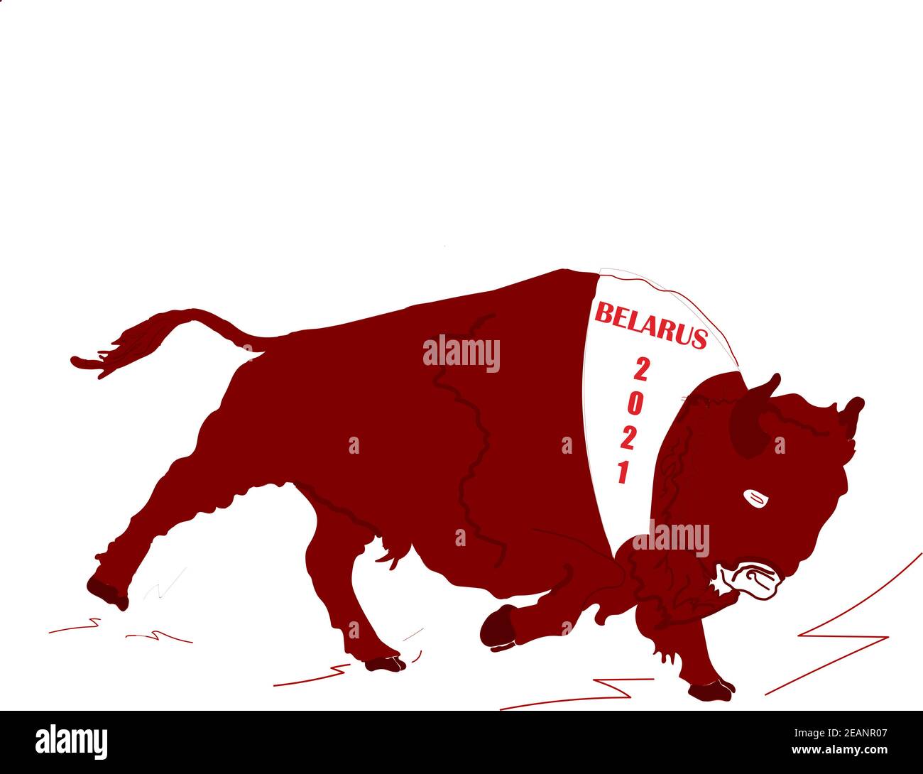 Símbolo de buey o toro de 2021 horóscopo del este de Asia, signo zodiaco chino. Calendario lunar. Concepto de bisonte libre de Bielorrusia 2021 en blanco y rojo. 2021 Feliz año Nuevo Foto de stock