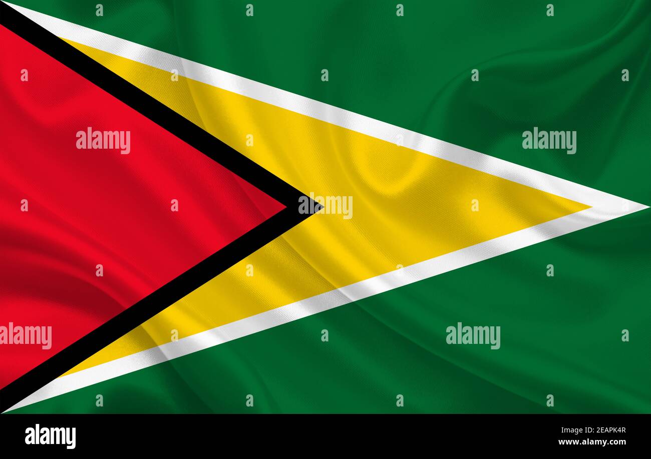 Guyana país bandera sobre tela de seda ondulado fondo panorama Foto de stock