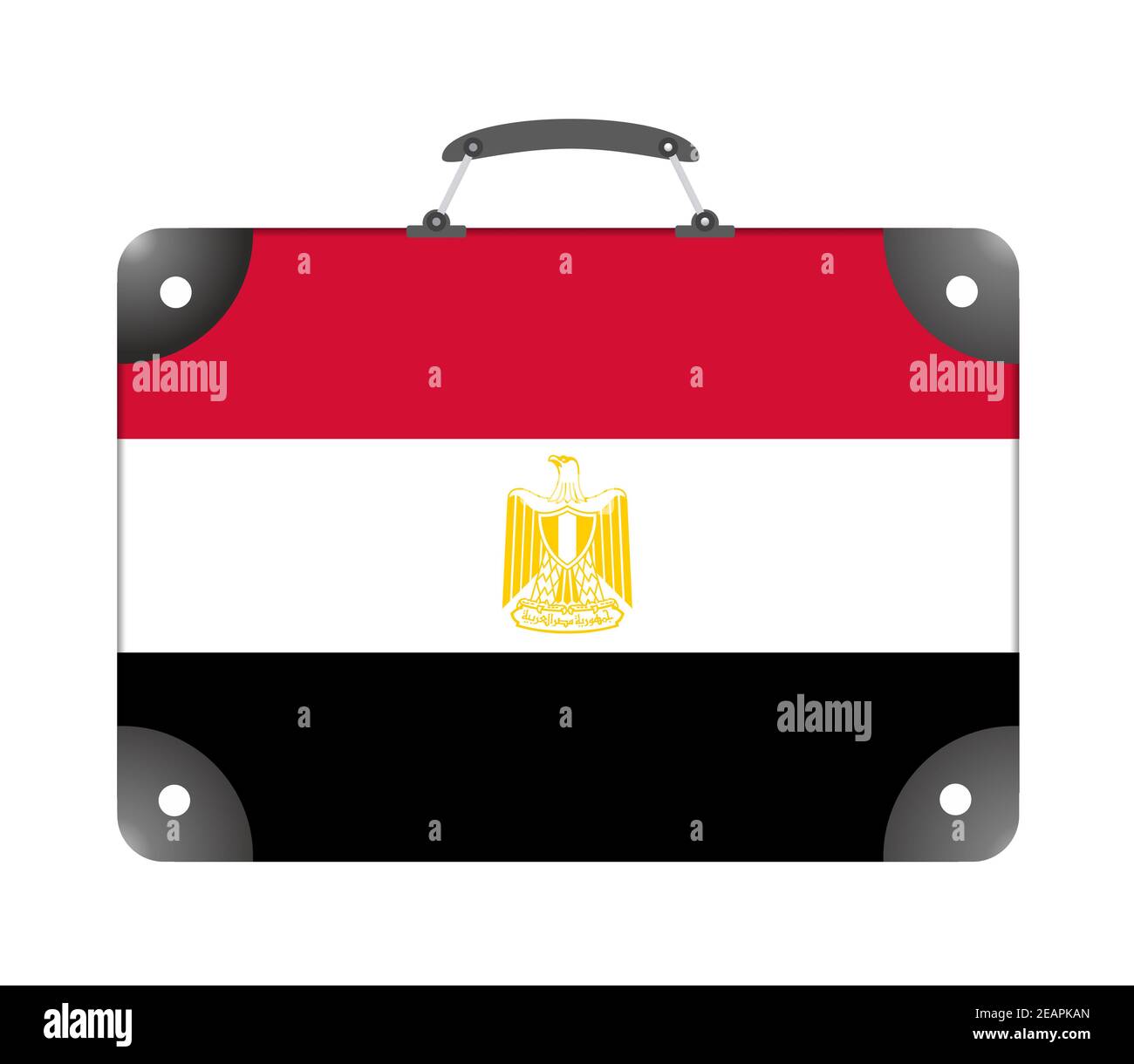 Bandera de Egipto en forma de maleta de viaje sobre un fondo blanco Foto de stock
