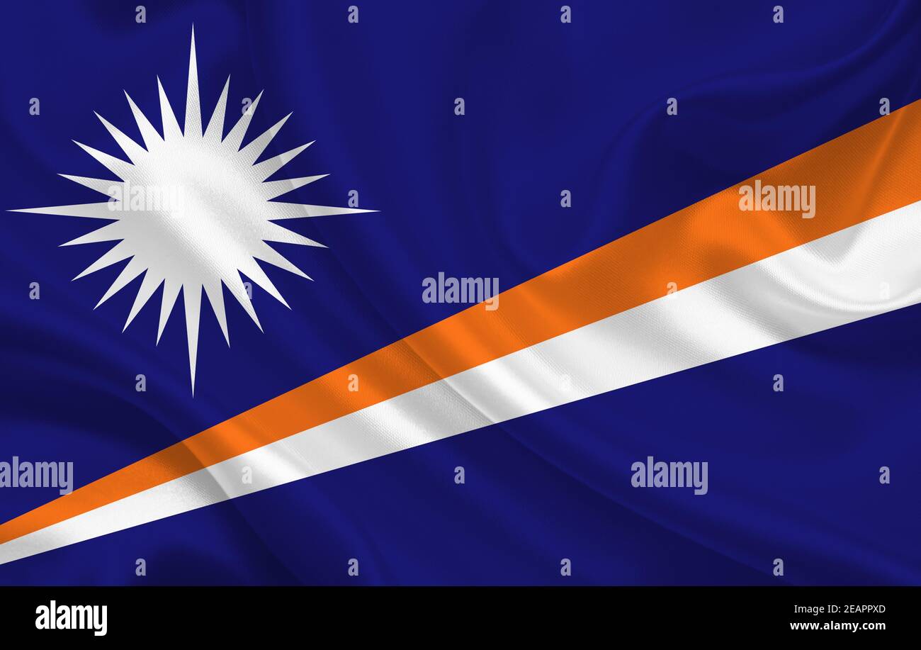 Islas Marshall país bandera en tela de seda ondulado fondo panorama Foto de stock