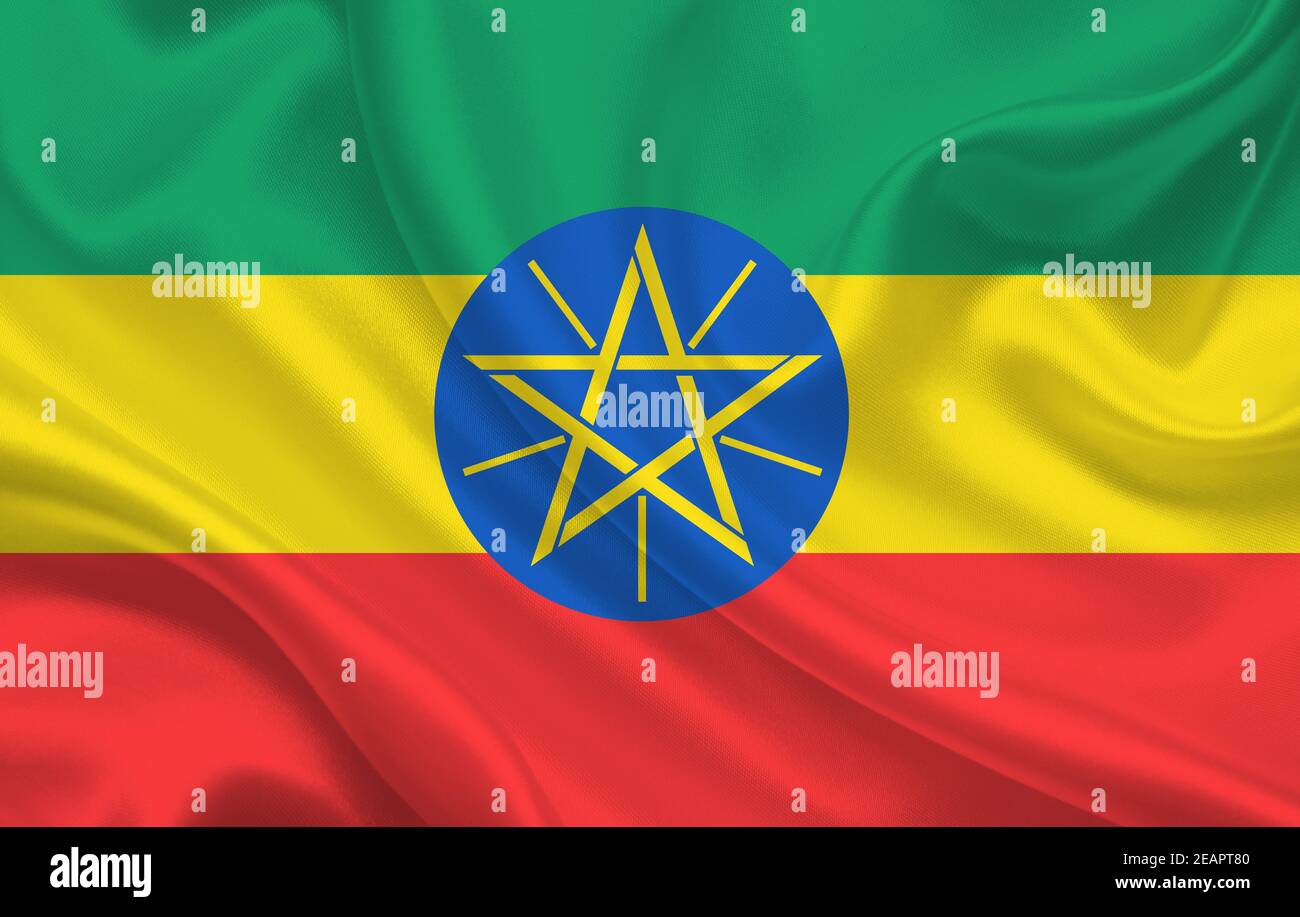 Etiopía país bandera sobre tela de seda ondulado panorama fondo Foto de stock