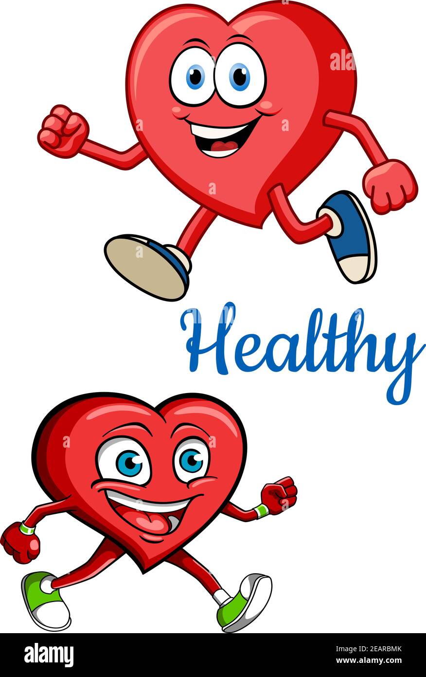 Concepto de salud para cardiología y diseño sanitario con dibujos animados  rojos Jogging sonriente corazón personajes con título azul saludable Imagen  Vector de stock - Alamy