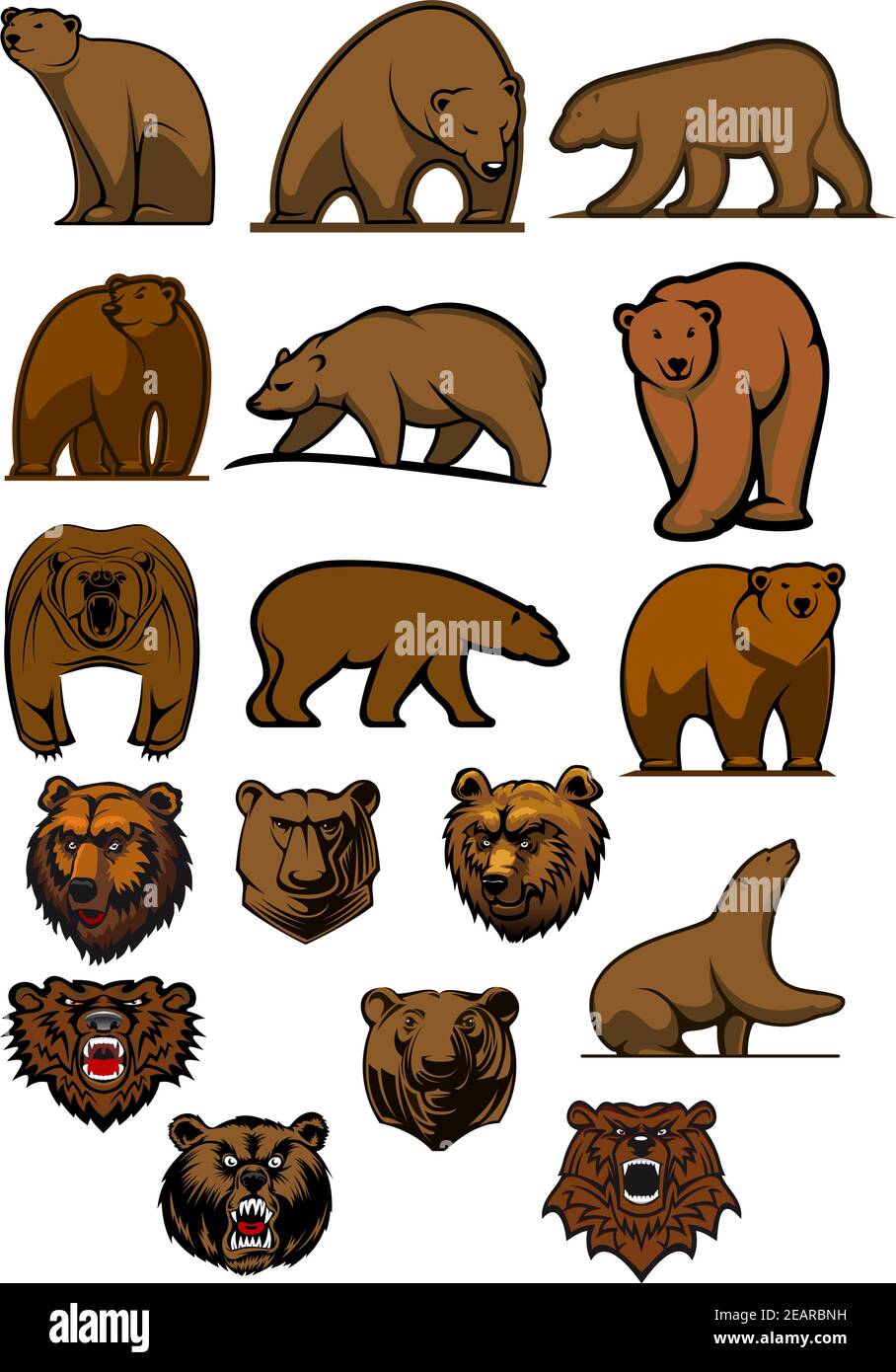 Conjunto de dibujos animados osos marrones o grizzly en diferentes poses y  cabezas de oso con agresivo molienda para el diseño de tatoo, logo o  emblema Imagen Vector de stock - Alamy