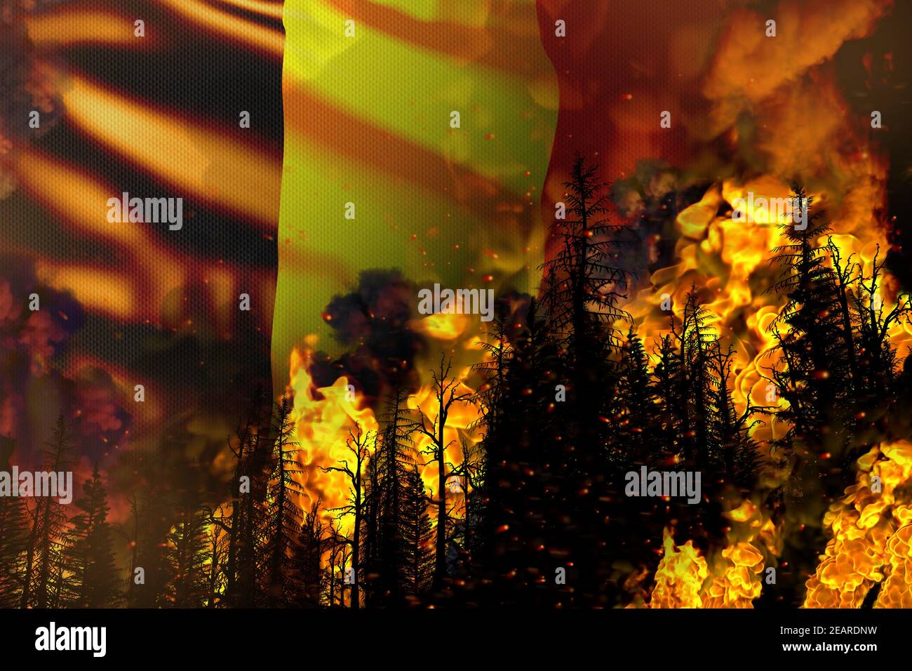 Incendio forestal concepto de desastre natural - fuego infernal en el Los árboles en el fondo de la bandera de Bélgica - 3D ilustración de la naturaleza Foto de stock