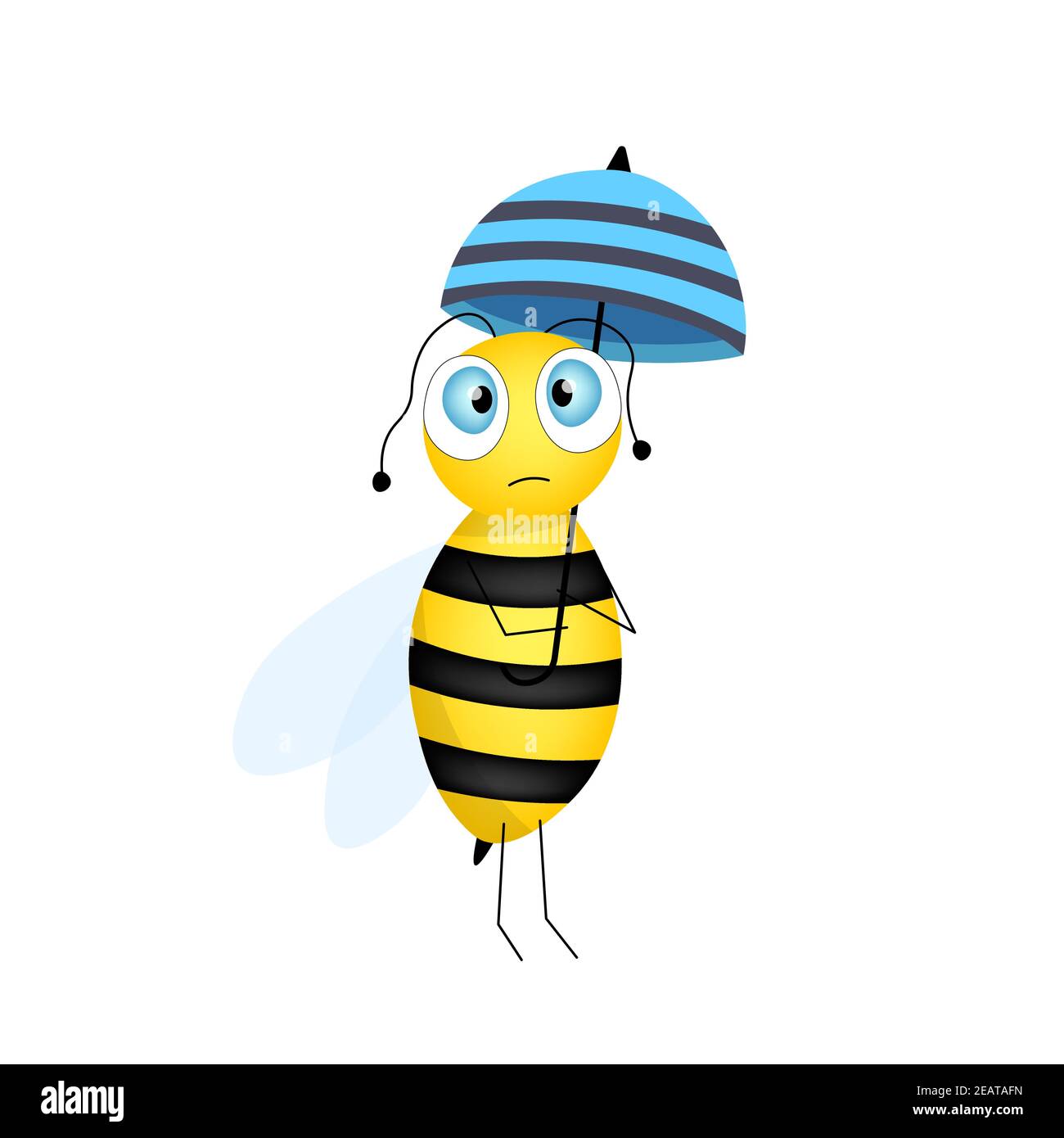 Dibujos animados Linda mascota abeja. Abeja triste con paraguas azul.  Avispa pequeña. Carácter vectorial. Icono de insecto. Diseño de plantilla  de vacaciones para invitaciones, tarjetas Imagen Vector de stock - Alamy