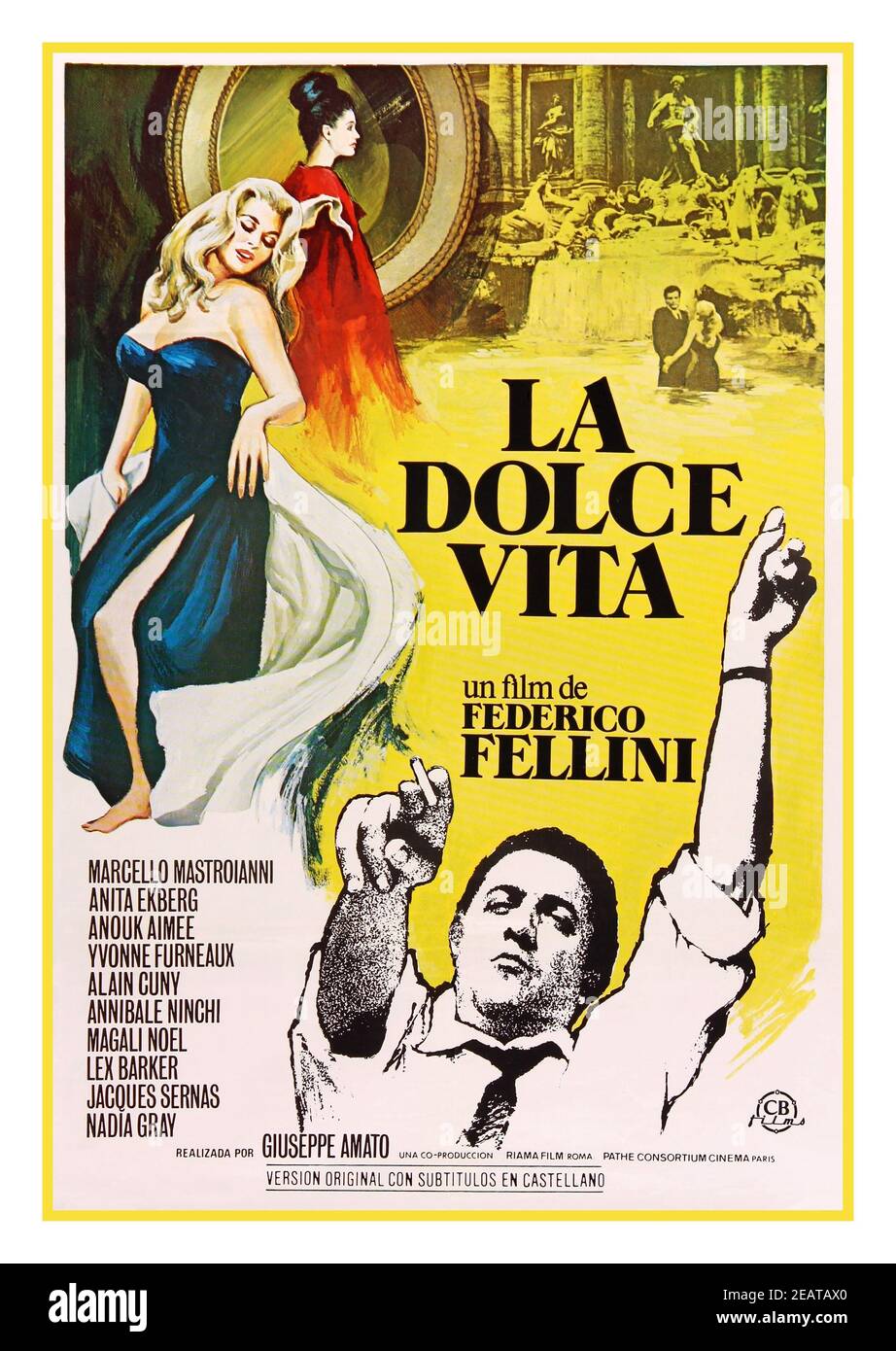 LA DOLCE VITA Vintage 1960 's cine póster italiano para 'la dulce vida' o 'la buena vida' una película de comedia-drama de 1960 dirigida y co-escrita por Federico Fellini. La película sigue a Marcello Rubini (Marcello Mastroianni), un periodista que escribe para revistas de chismes, en su viaje por la "vida de la vida" de Roma en una búsqueda infructuosa de amor y felicidad. El guión, fue co-escrito por Fellini y otros tres guionistas, Foto de stock