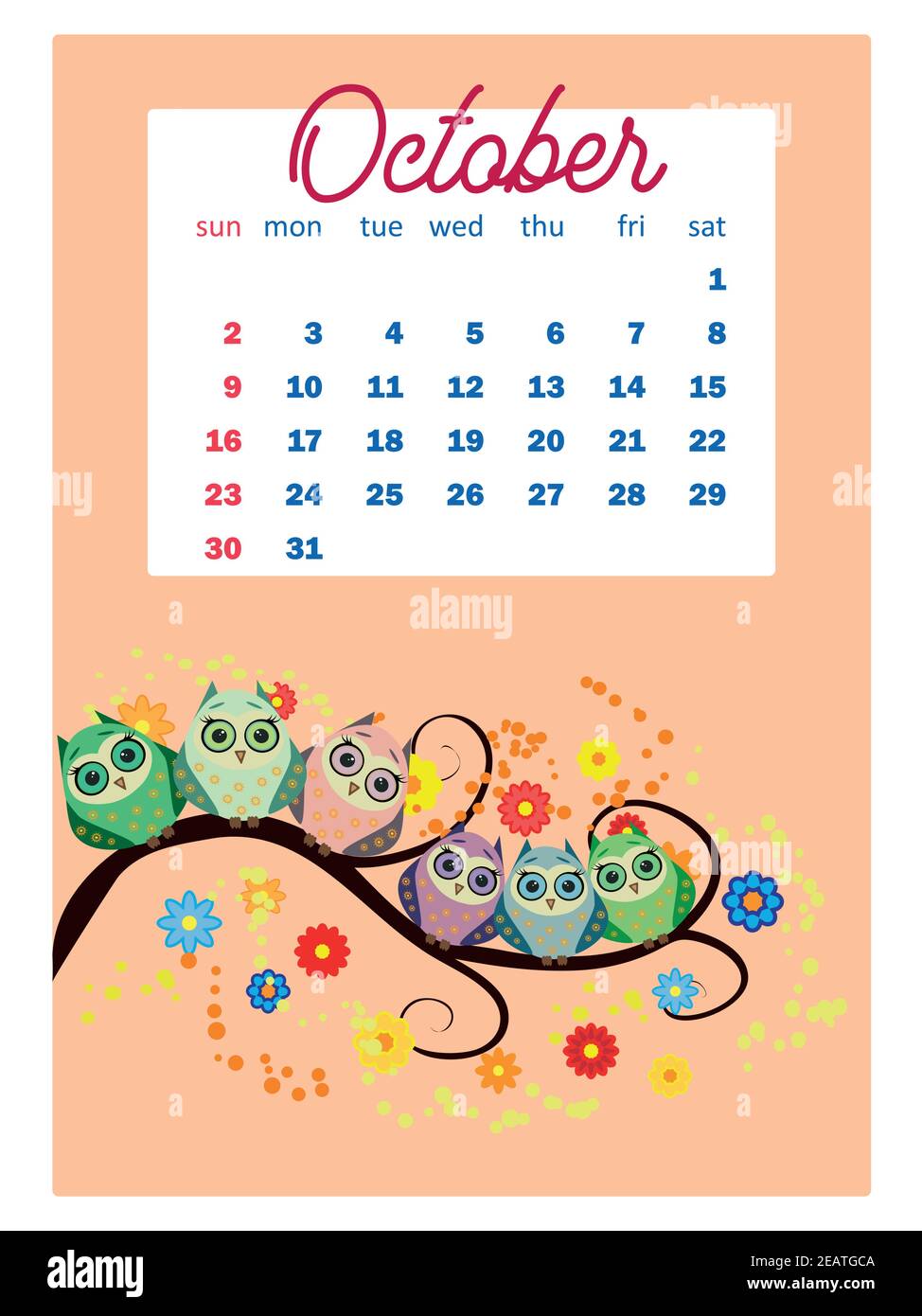 Calendario 2022. Lindo calendario con divertidos búhos de dibujos animados.  Lindos búhos y pájaros para cada mes. Pared vertical calendario para 2022,  la semana comienza el domingo Imagen Vector de stock - Alamy