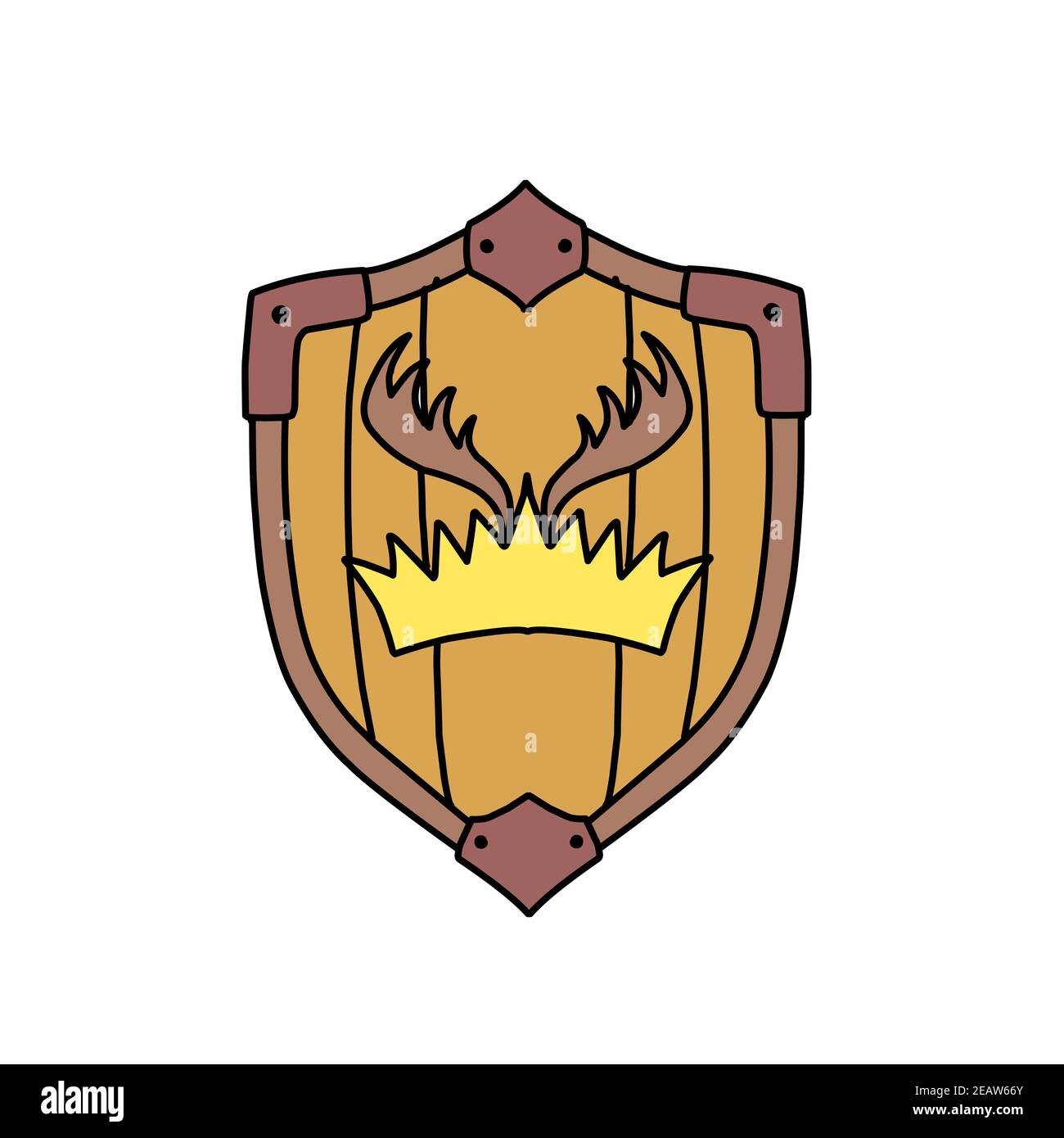 Escudo con el escudo de armas de la casa de Bratheons. Juego de tronos elemento. Una canción de hielo. Corona de cuernos de ciervo Foto de stock