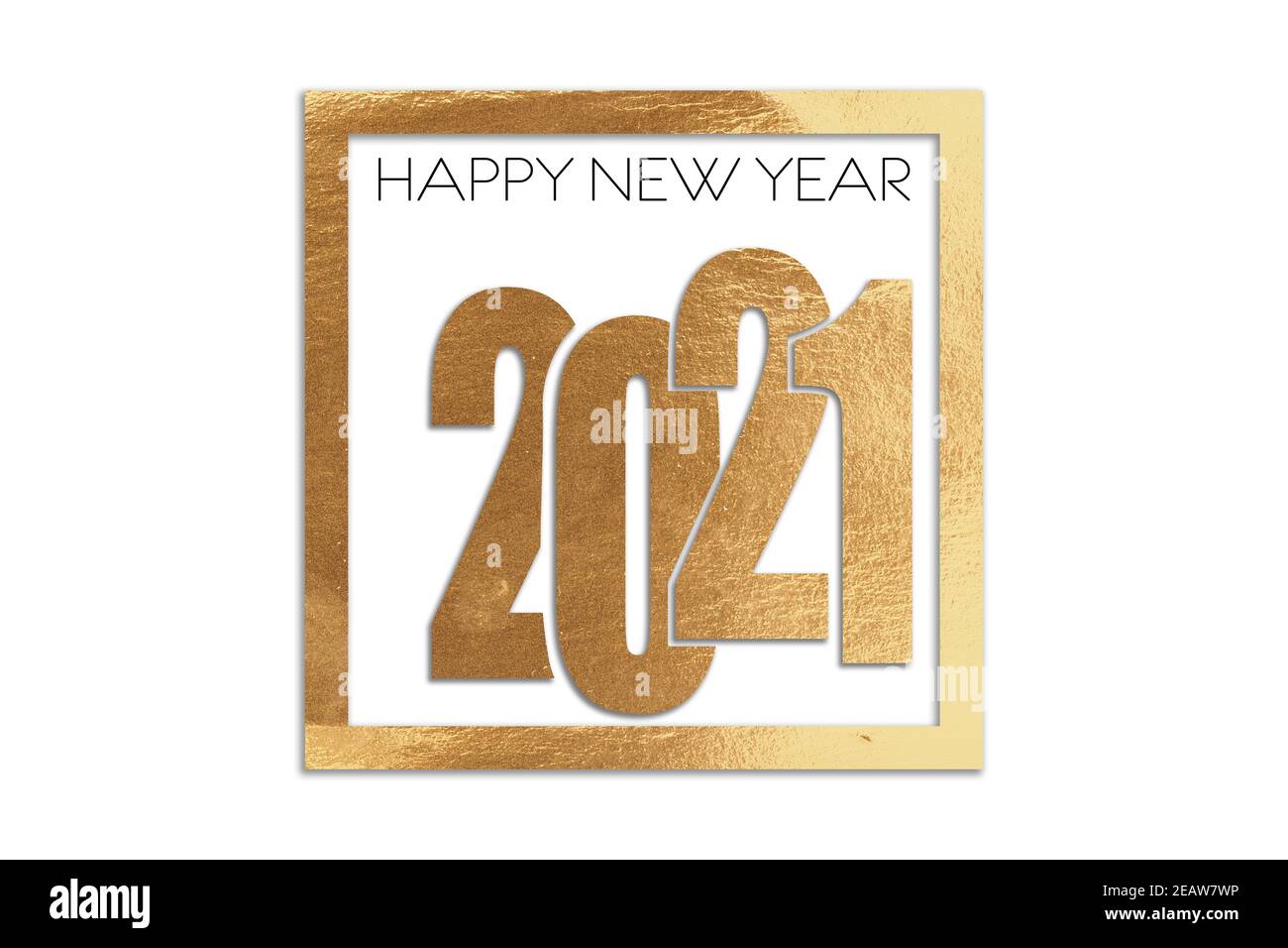 Las palabras Feliz año Nuevo con oro 2021 en un marco dorado Foto de stock