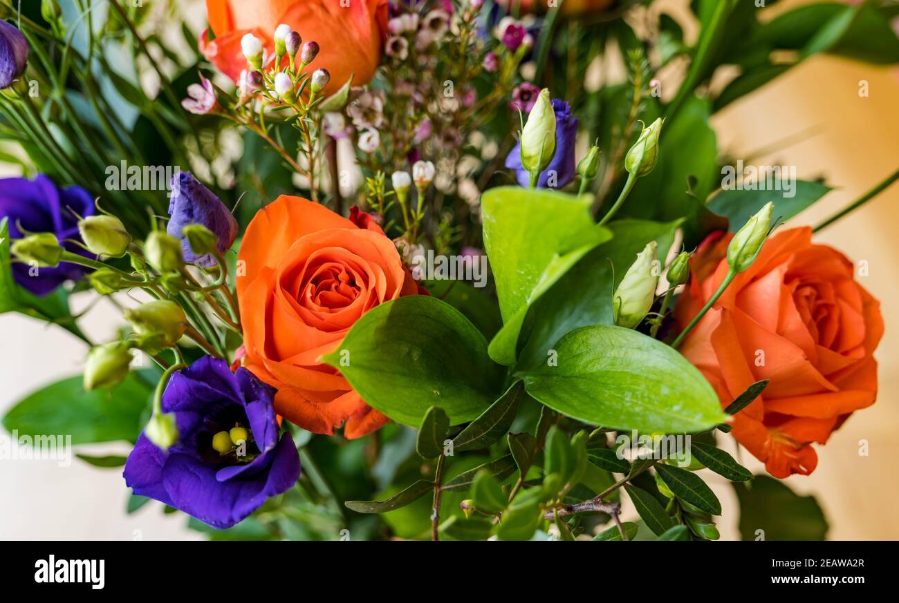 Primer plano de ramo de flores con rosas de naranja Foto de stock