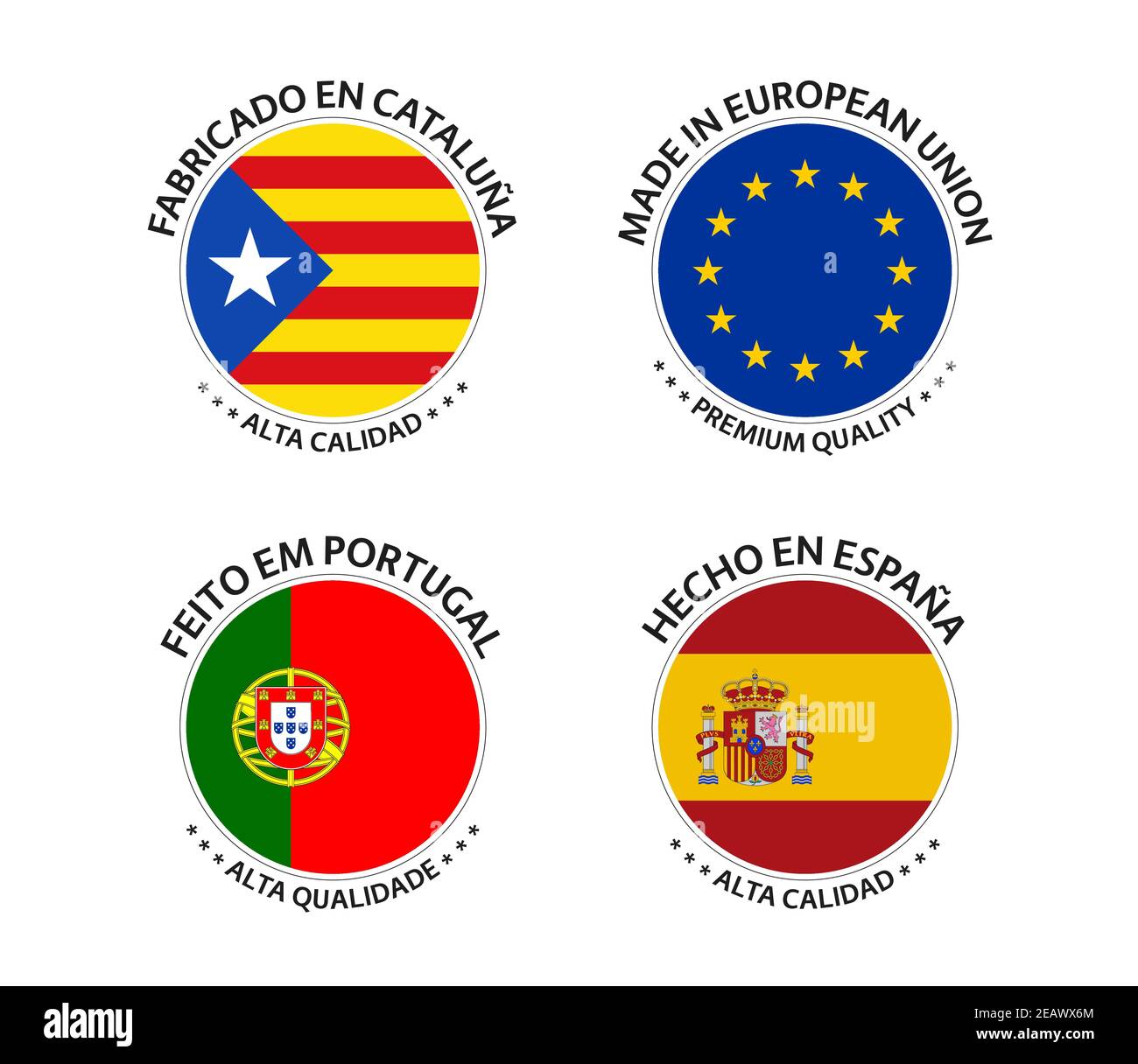 Juego de cuatro pegatinas catalanas, de la Unión Europea, portuguesas y  españolas. Fabricado en Cataluña, fabricado en la Unión Europea, fabricado  en Portugal y fabricado en España Imagen Vector de stock -