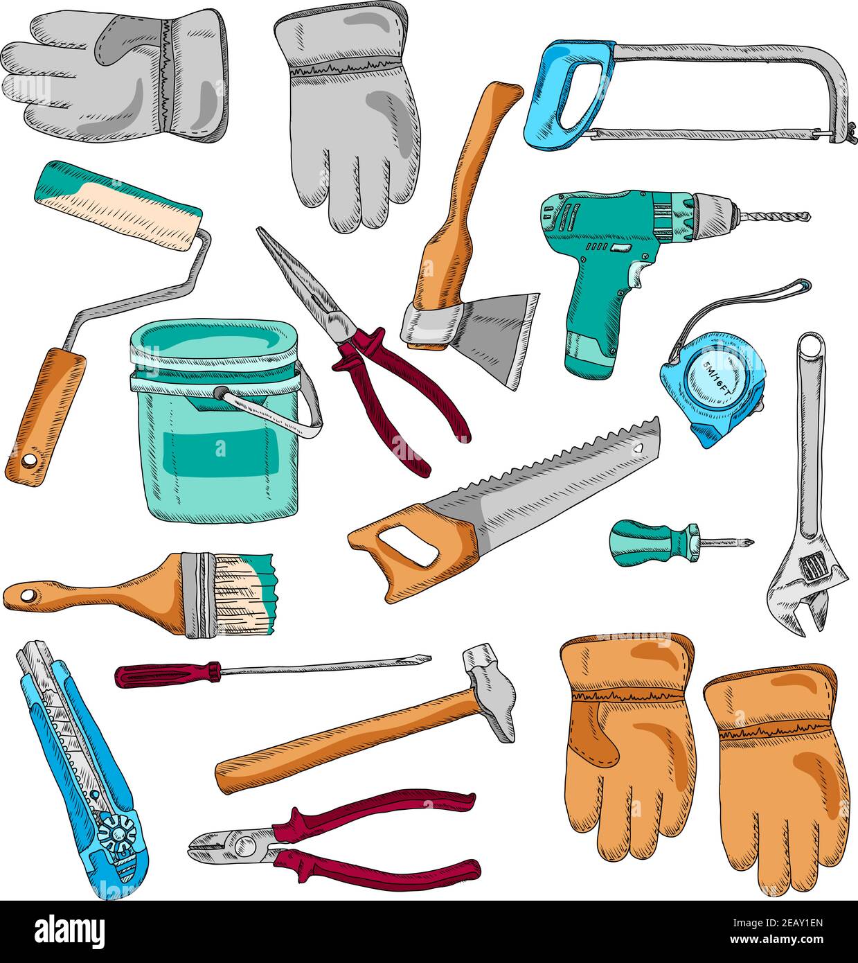 Casa de renovación de herramientas e instrumentos iconos con martillo de sierra y pincel color abstracto vector aislado ilustración Ilustración del Vector