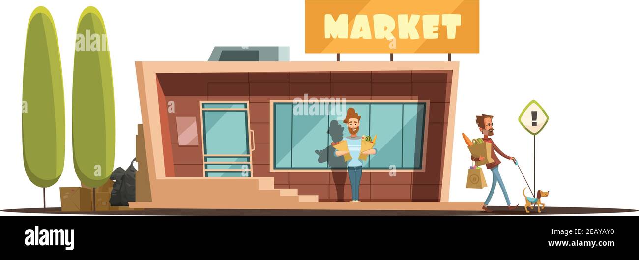  Edificio de mercado local con árboles de clientes y el vector de dibujos animados de perros ilustración Imagen Vector de stock