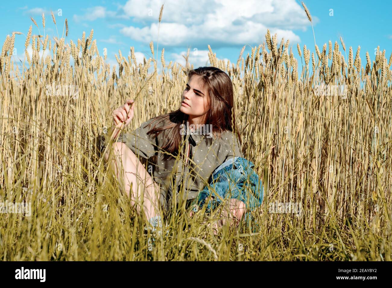 Hermosa chica modelo en el vestido en el campo. En el fondo de un campo  entre el trigo Fotografía de stock - Alamy