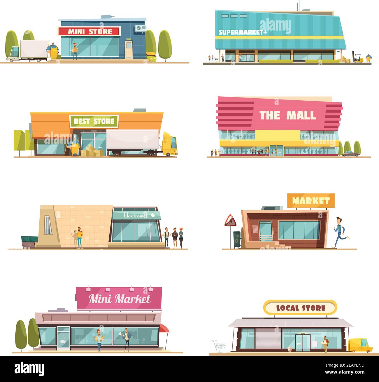 Edificios de tiendas con el centro comercial y símbolos de la tienda local dibujos  animados ilustración vectorial aislada Imagen Vector de stock - Alamy
