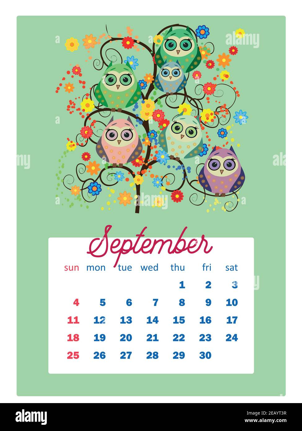 Calendario 2022. Lindo calendario con divertidos búhos de dibujos animados.  Lindos búhos y pájaros para cada mes. Pared vertical calendario para 2022,  la semana comienza el domingo Imagen Vector de stock - Alamy