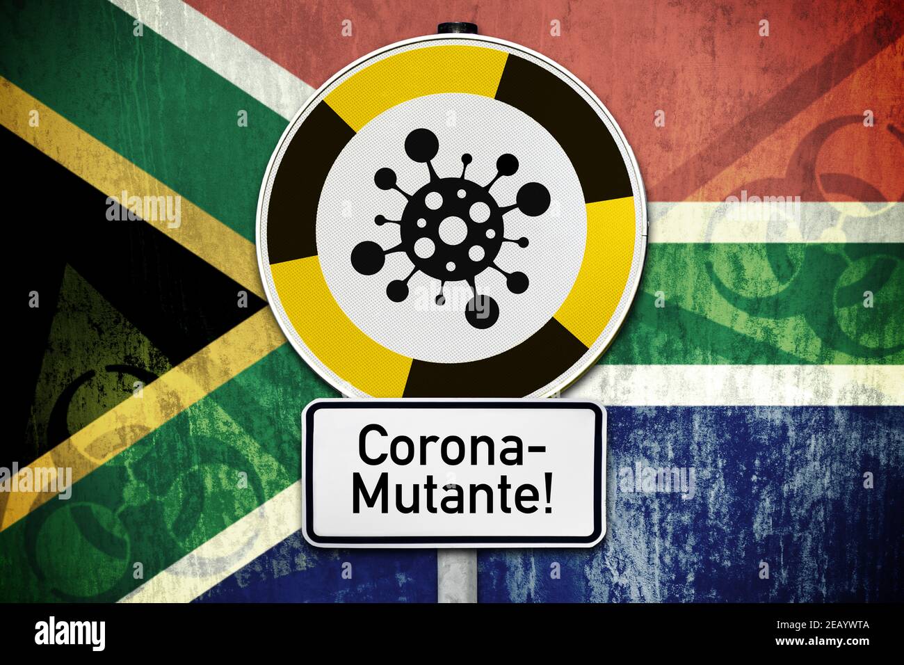 Señal de advertencia de coronavirus y bandera de Sudáfrica, mutación Covid Foto de stock