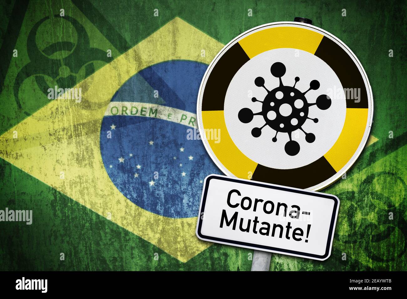 Señal de advertencia de coronavirus y bandera de Brasil, mutación Covid Foto de stock