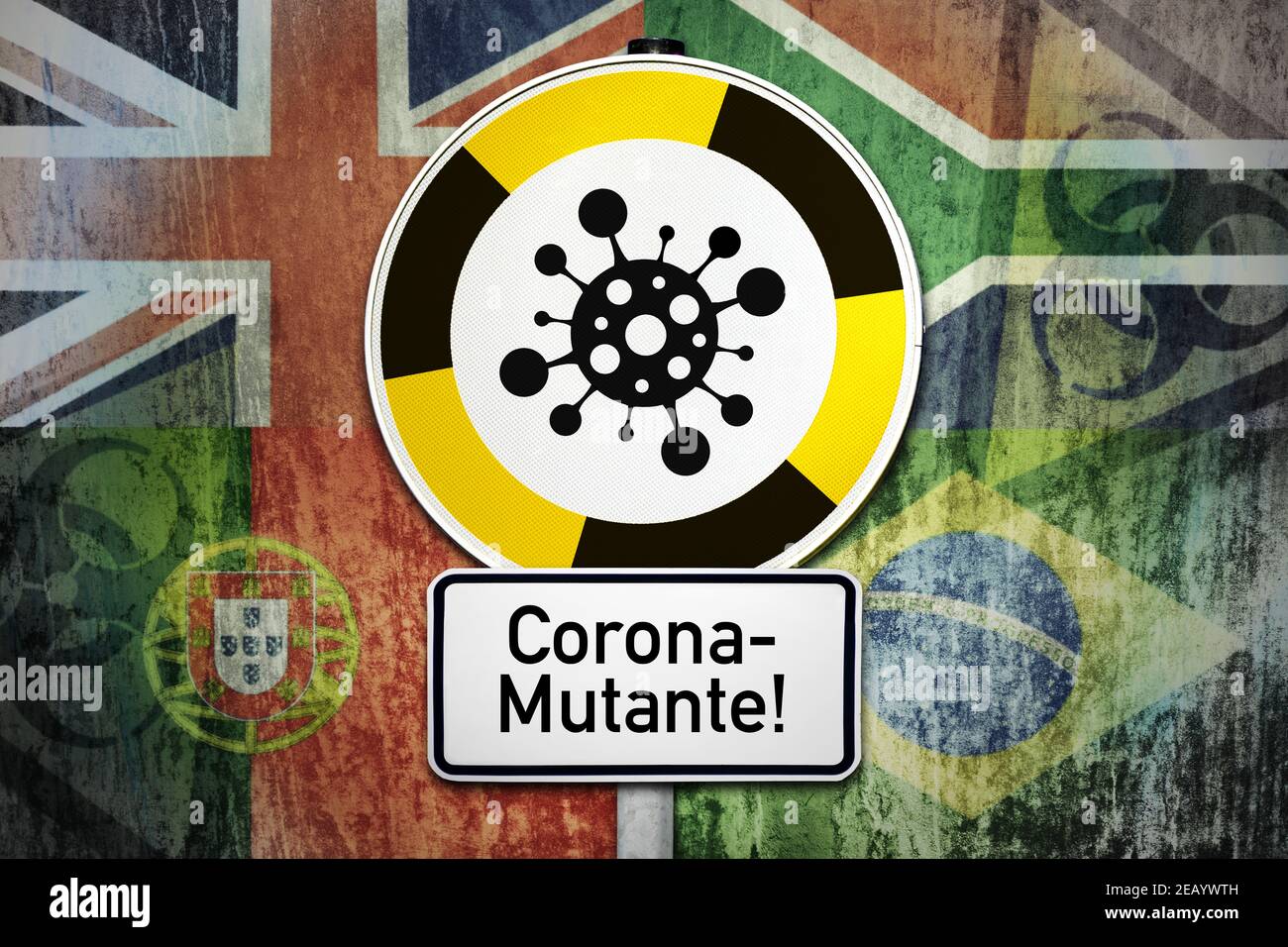Señales de advertencia de coronavirus y banderas de Gran Bretaña, Portugal, Brasil y Sudáfrica, mutación Covid Foto de stock